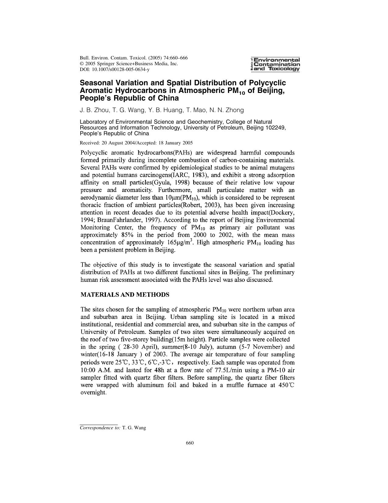 Seasonal Variation and Spatial Distribution of Polycyclic Aromatic Hydrocarbons in Atmospheric PM10 of Beijing, Peopleâs Republic of China by Zhou J. B. et al