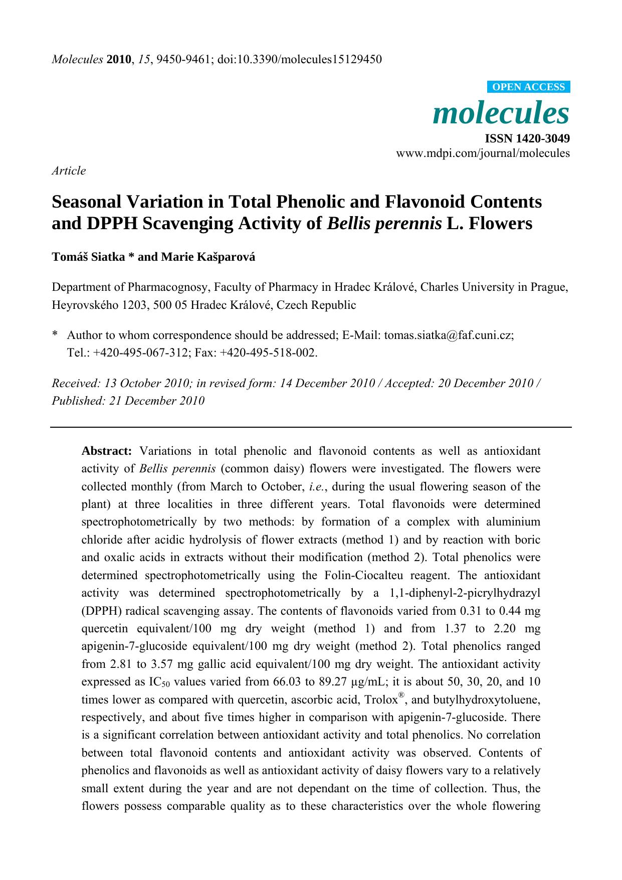 Seasonal Variation in Total Phenolic and Flavonoid Contents and DPPH Scavenging Activity of Bellis perennis L. Flowers by Tomáš Siatka & Marie Kašparová