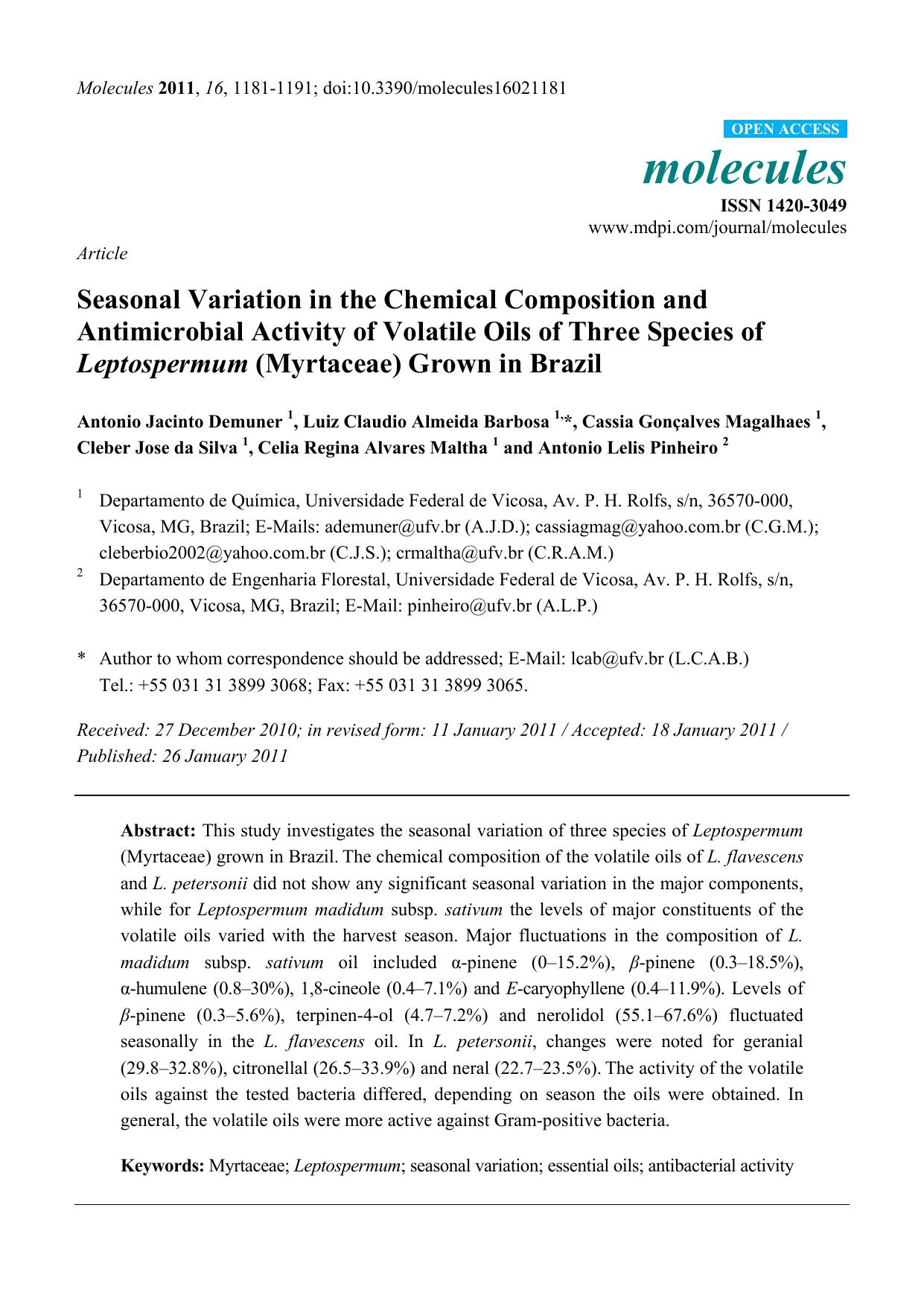 Seasonal Variation in the Chemical Composition and Antimicrobial Activity of Volatile Oils of Three Species of Leptospermum (Myrtaceae) Grown in Brazil by unknow