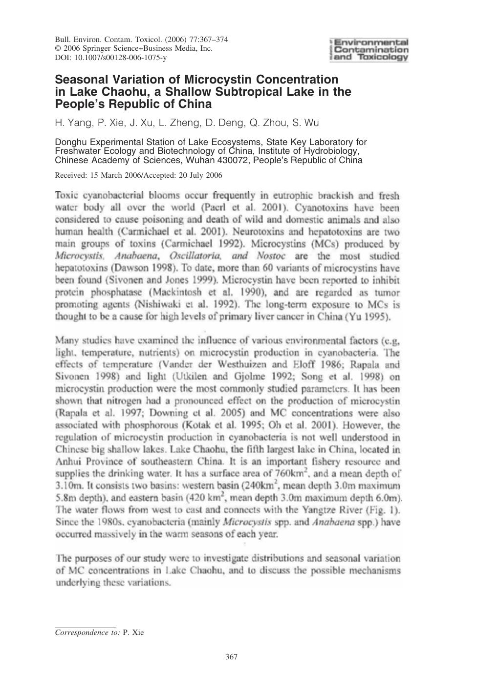 Seasonal Variation of Microcystin Concentration in Lake Chaohu, a Shallow Subtropical Lake in the Peopleâs Republic of China by Yang & H. & et al