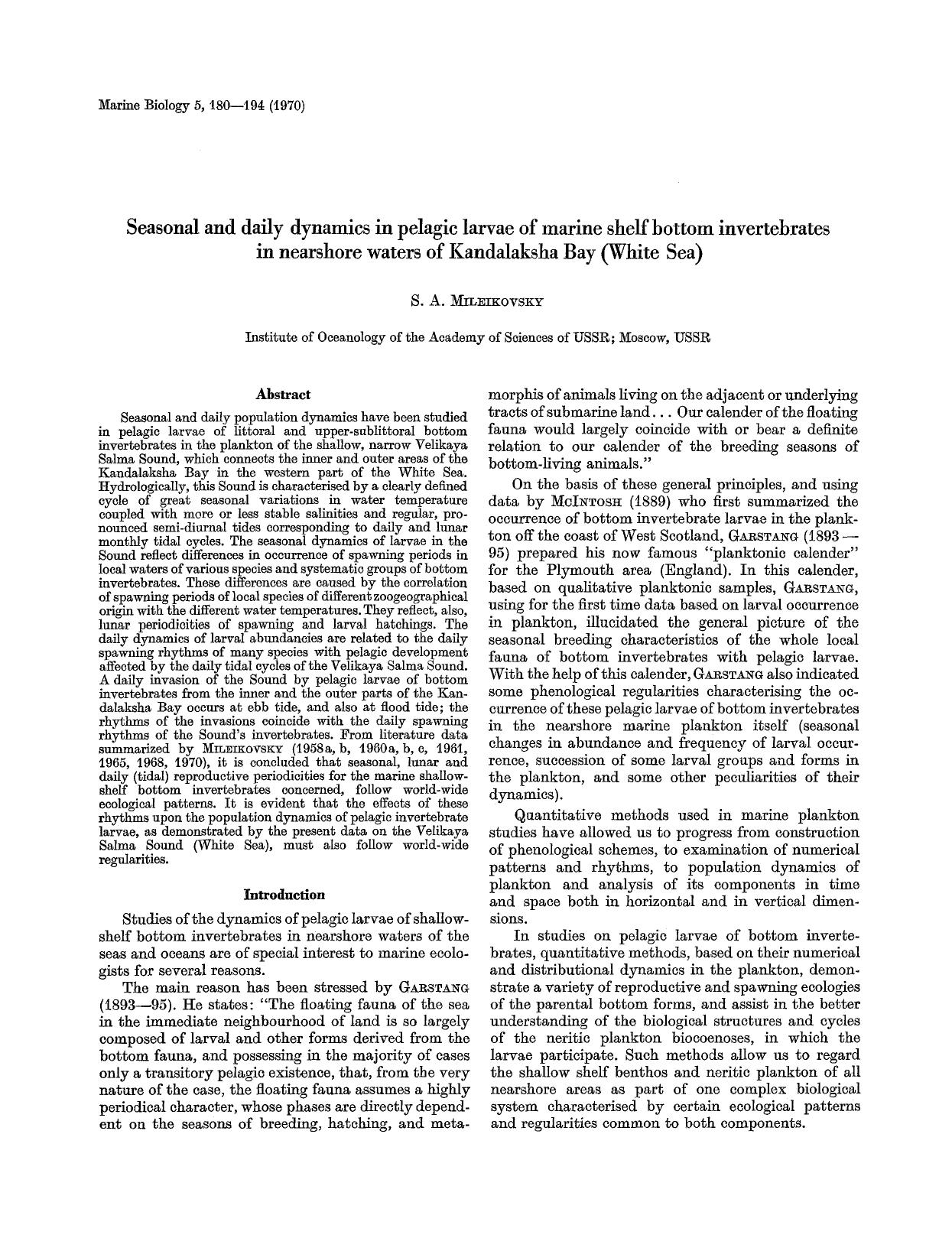 Seasonal and daily dynamics in pelagic larvae of marine shelf bottom invertebrates in nearshore waters of Kandalaksha Bay (White Sea) by Unknown