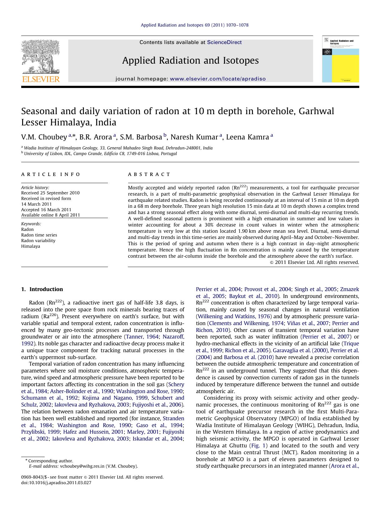 Seasonal and daily variation of radon at 10m depth in borehole, Garhwal Lesser Himalaya, India by V.M. Choubey & B.R. Arora & S.M. Barbosa & Naresh Kumar & Leena Kamra