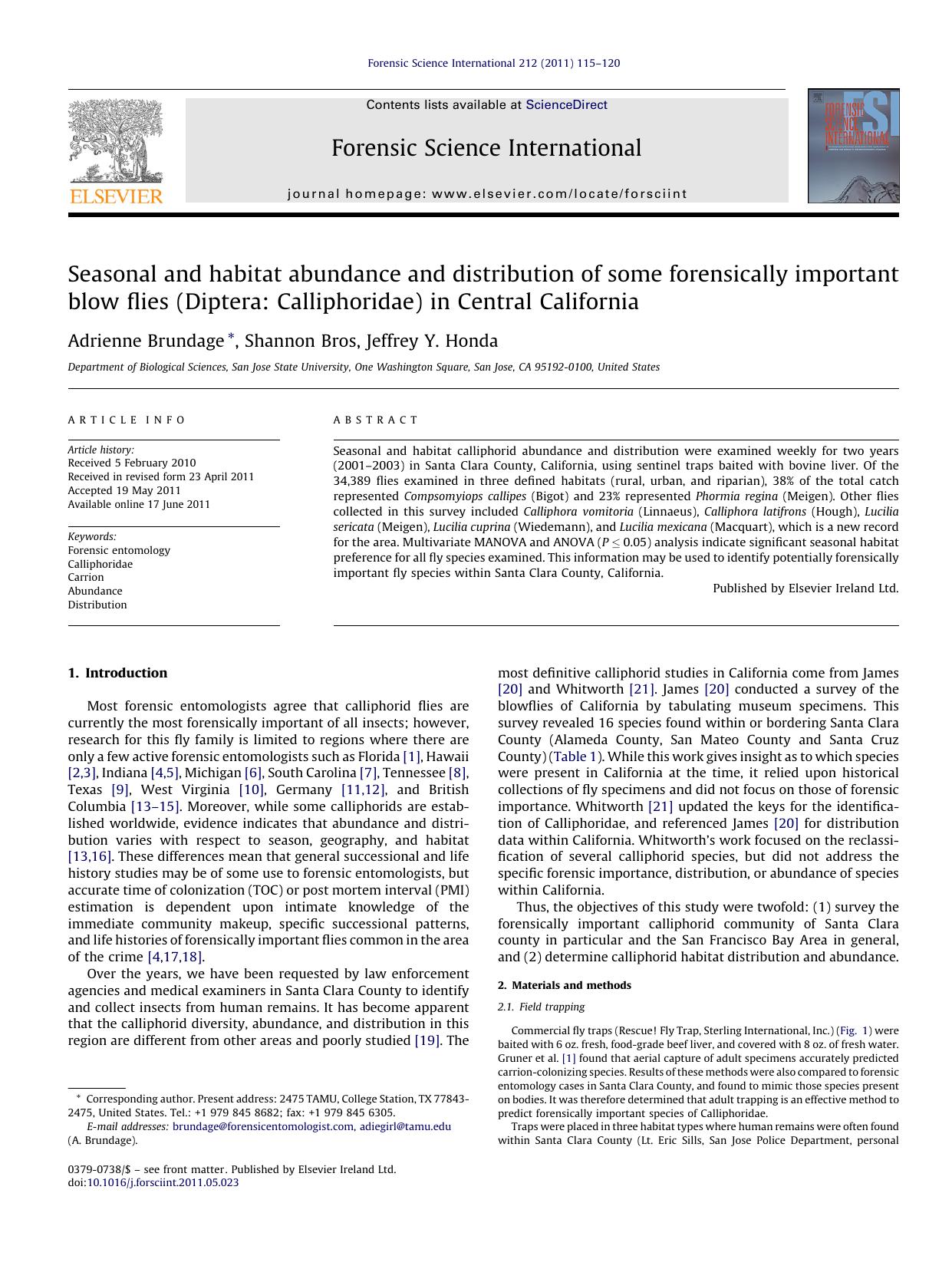 Seasonal and habitat abundance and distribution of some forensically important blow flies (Diptera: Calliphoridae) in Central California by Adrienne Brundage