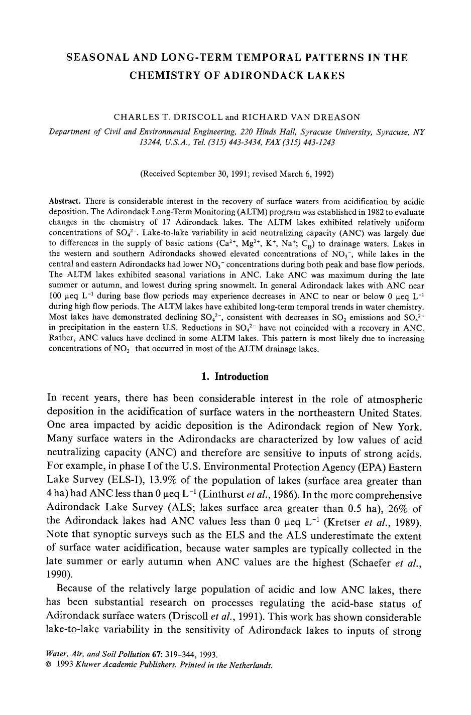 Seasonal and long-term temporal patterns in the chemistry of Adirondack lakes by Unknown