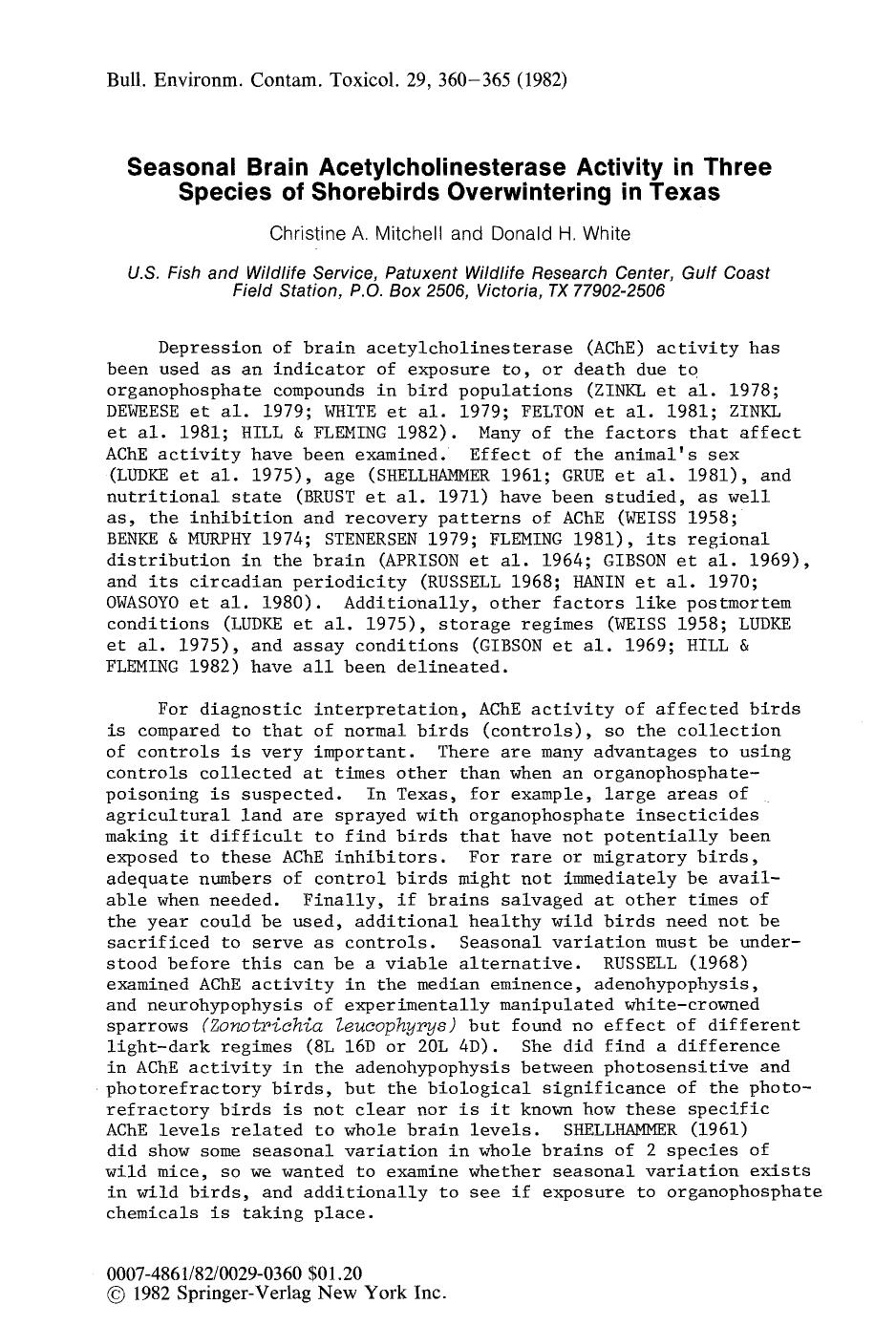 Seasonal brain acetylcholinesterase activity in three species of shorebirds overwintering in Texas by Unknown