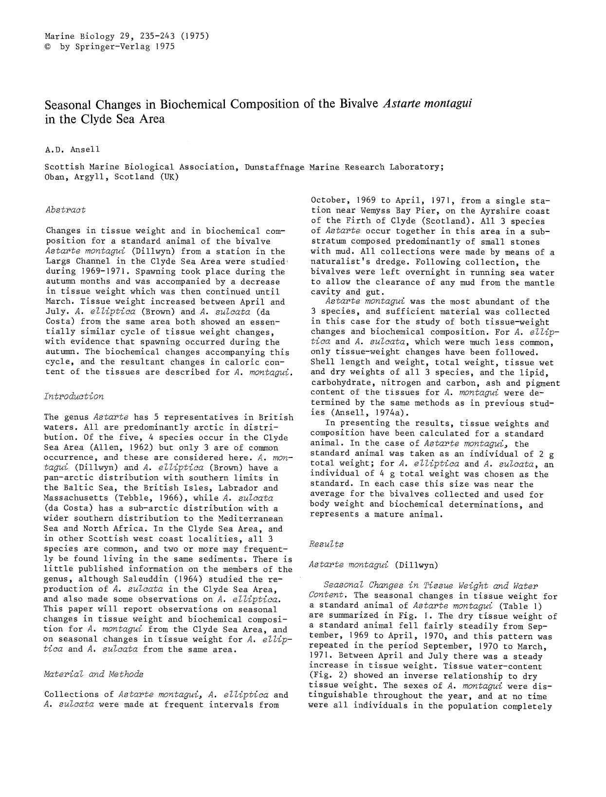 Seasonal changes in biochemical composition of the bivalve <Emphasis Type="Italic">Astarte montagui<Emphasis> in the Clyde Sea Area by Unknown