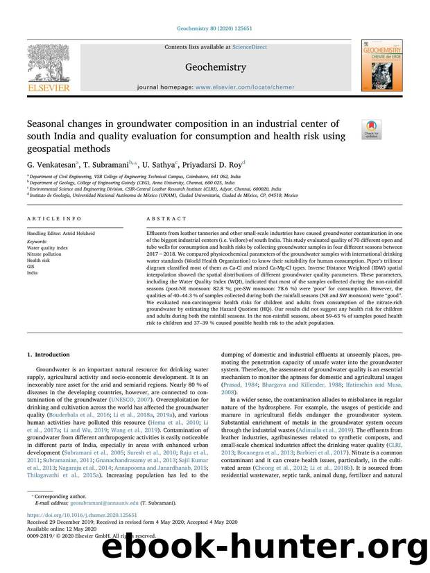 Seasonal changes in groundwater composition in an industrial center of south India and quality evaluation for consumption and health risk using geospatial methods by G. Venkatesan & T. Subramani & U. Sathya & Priyadarsi D. Roy