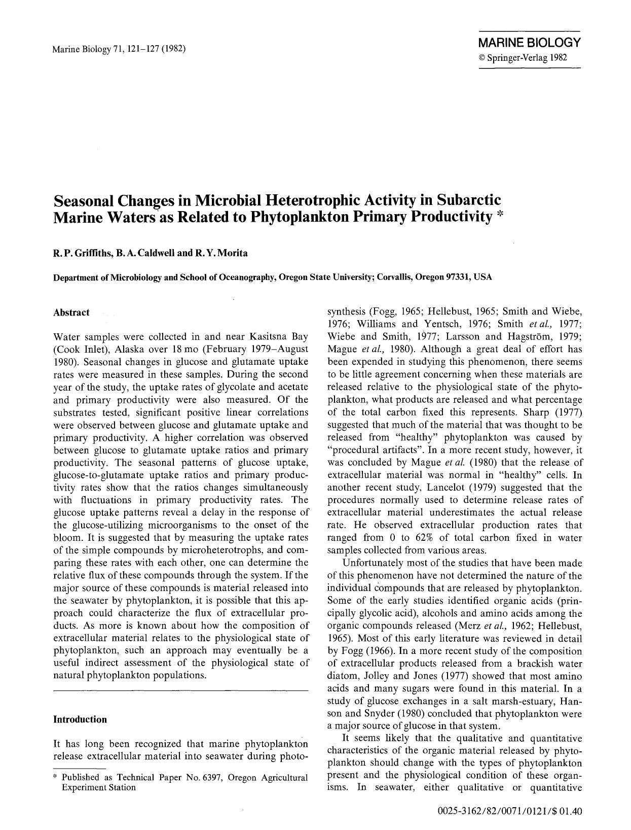 Seasonal changes in microbial heterotrophic activity in subarctic marine waters as related to phytoplankton primary productivity by Unknown
