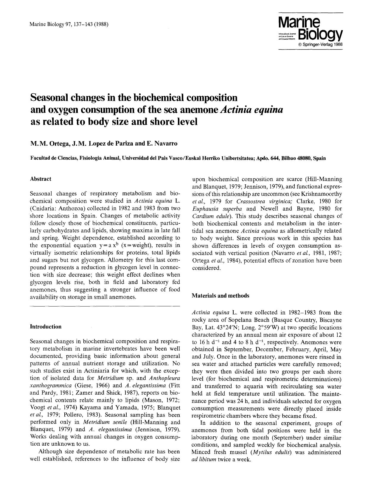 Seasonal changes in the biochemical composition and oxygen consumption of the sea anemone <Emphasis Type="Italic">Actinia equina<Emphasis> as related to body size and shore level by Unknown