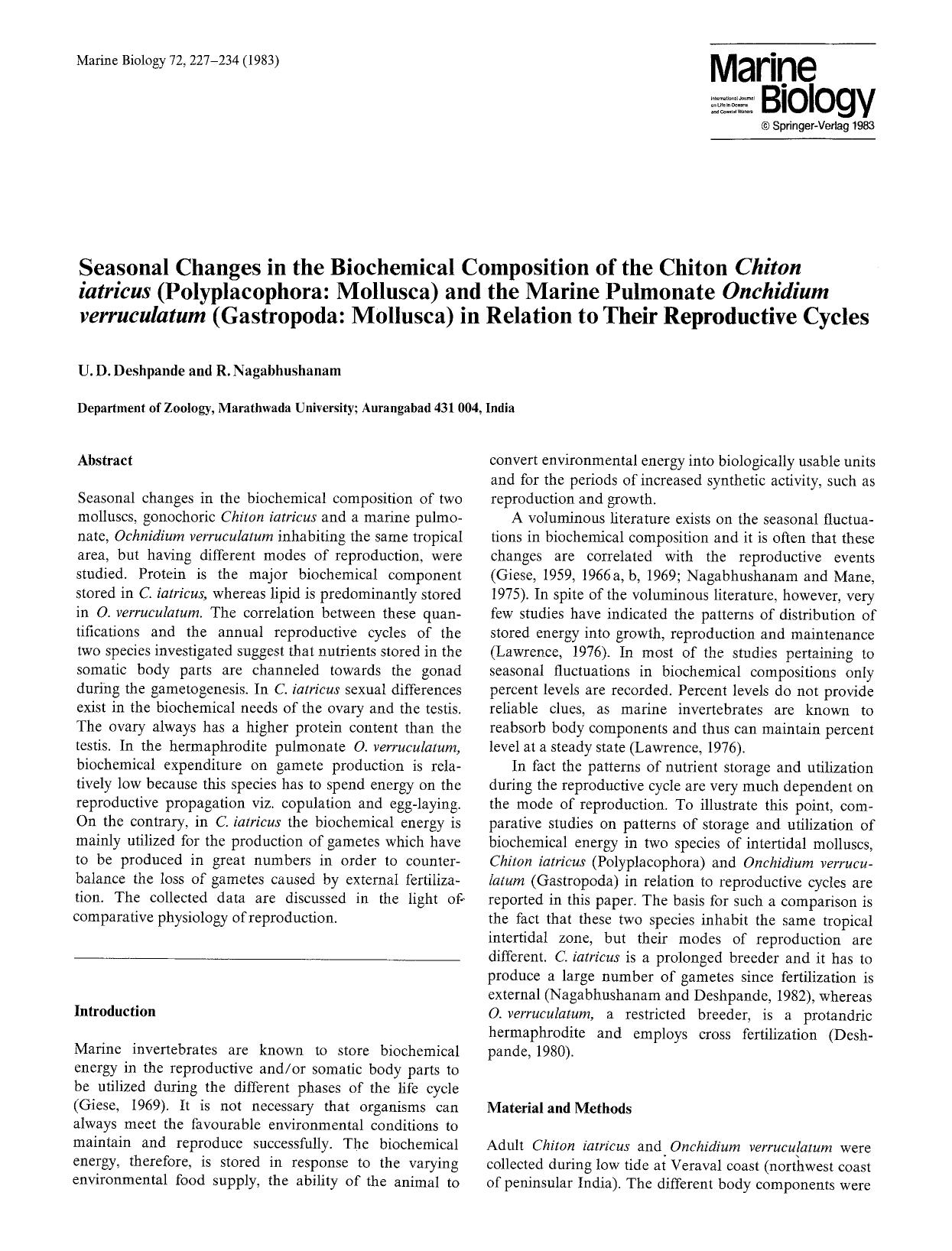 Seasonal changes in the biochemical composition of the chiton <Emphasis Type="Italic">Chiton iatricus<Emphasis> (Polyplacophora: Mollusca) and the marine pulmonate <Emphasis Type=" by Unknown