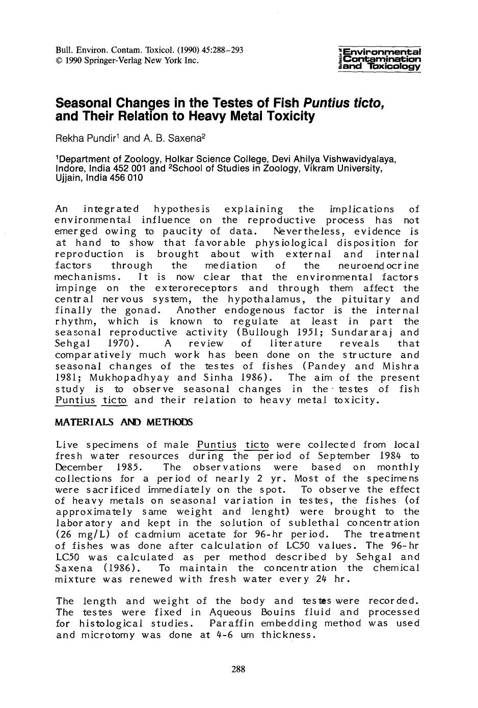 Seasonal changes in the testes of fish <Emphasis Type="Italic">Puntius ticto <Emphasis>, and their relation to heavy metal toxicity by Unknown