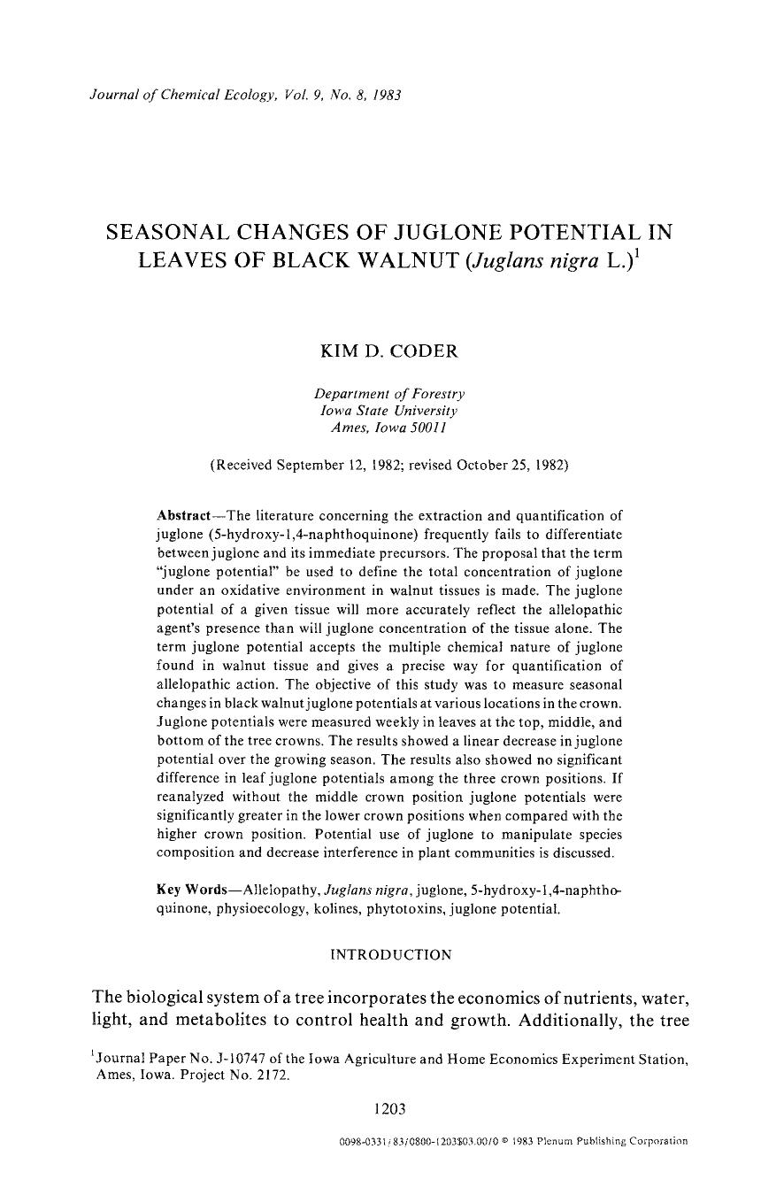 Seasonal changes of juglone potential in leaves of black walnut ( <Emphasis Type="Italic">Juglans nigra <Emphasis> L.) by Unknown