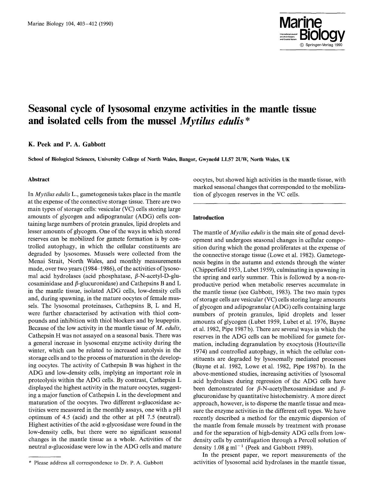 Seasonal cycle of lysosomal enzyme activities in the mantle tissue and isolated cells from the mussel <Emphasis Type="Italic">Mytilus edulis <Emphasis> by Unknown