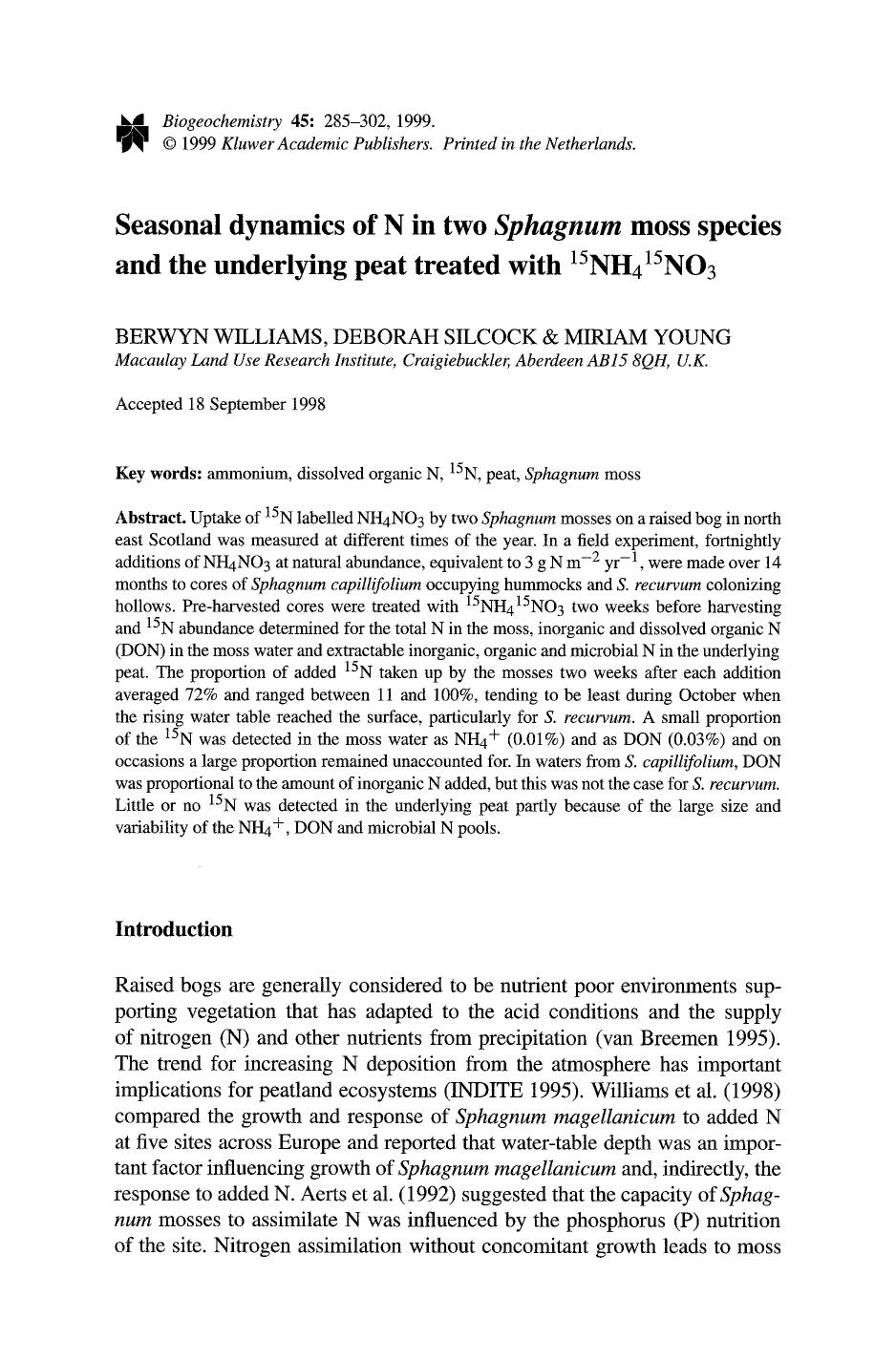 Seasonal dynamics of N in two <Emphasis Type="Italic">Sphagnum <Emphasis> moss species and the underlying peat treated with <Superscript>15 <Superscript>NH <Subscript>4 <Subscript> by Unknown