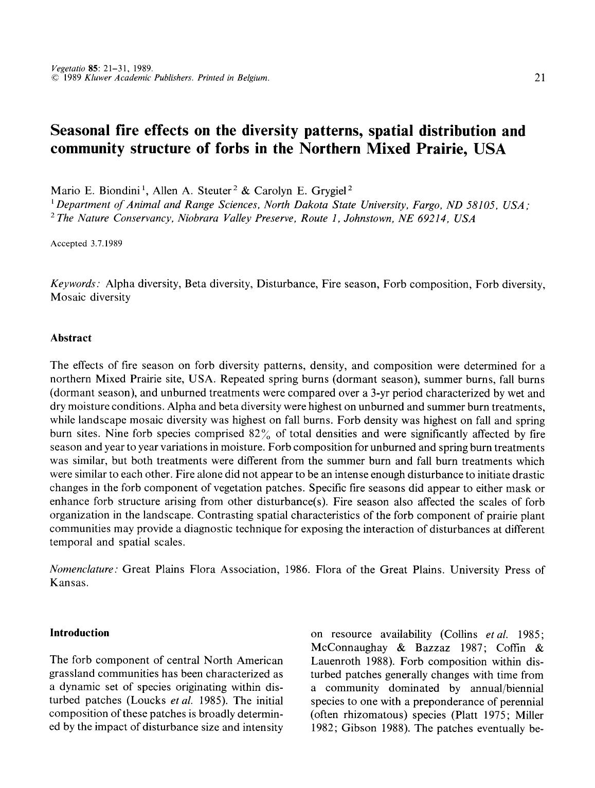 Seasonal fire effects on the diversity patterns, spatial distribution and community structure of forbs in the Northern Mixed Prairie, USA by Unknown
