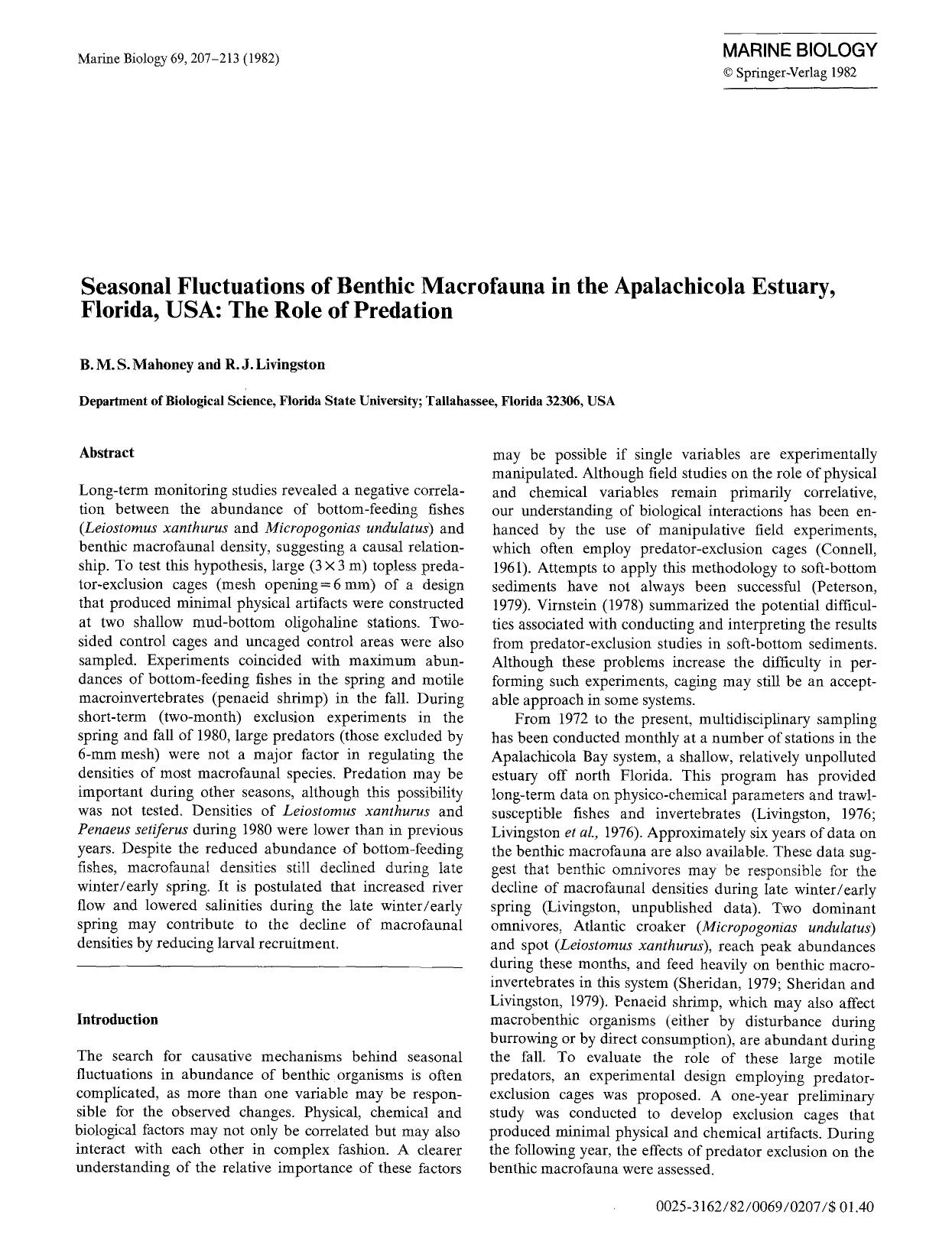 Seasonal fluctuations of benthic macrofauna in the apalachicola estuary, Florida, USA: The role of predation by Unknown