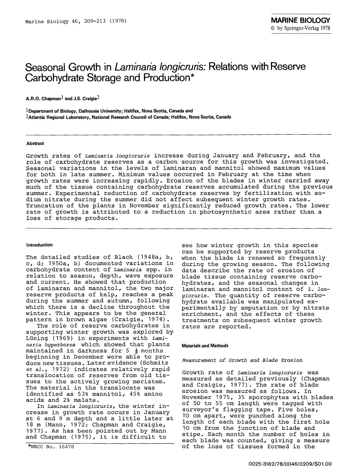 Seasonal growth in <Emphasis Type="Italic">Laminaria longicuris<Emphasis>: Relations with reserve carbohydrate storage and production by Unknown