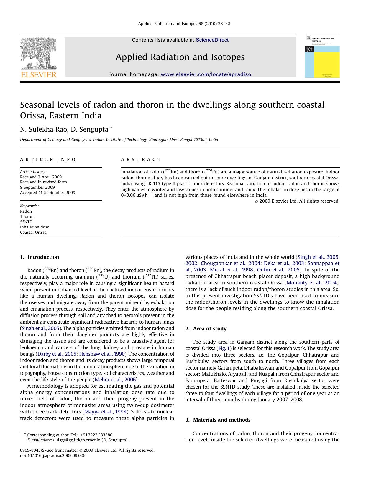 Seasonal levels of radon and thoron in the dwellings along southern coastal Orissa, Eastern India by N. Sulekha Rao; D. Sengupta
