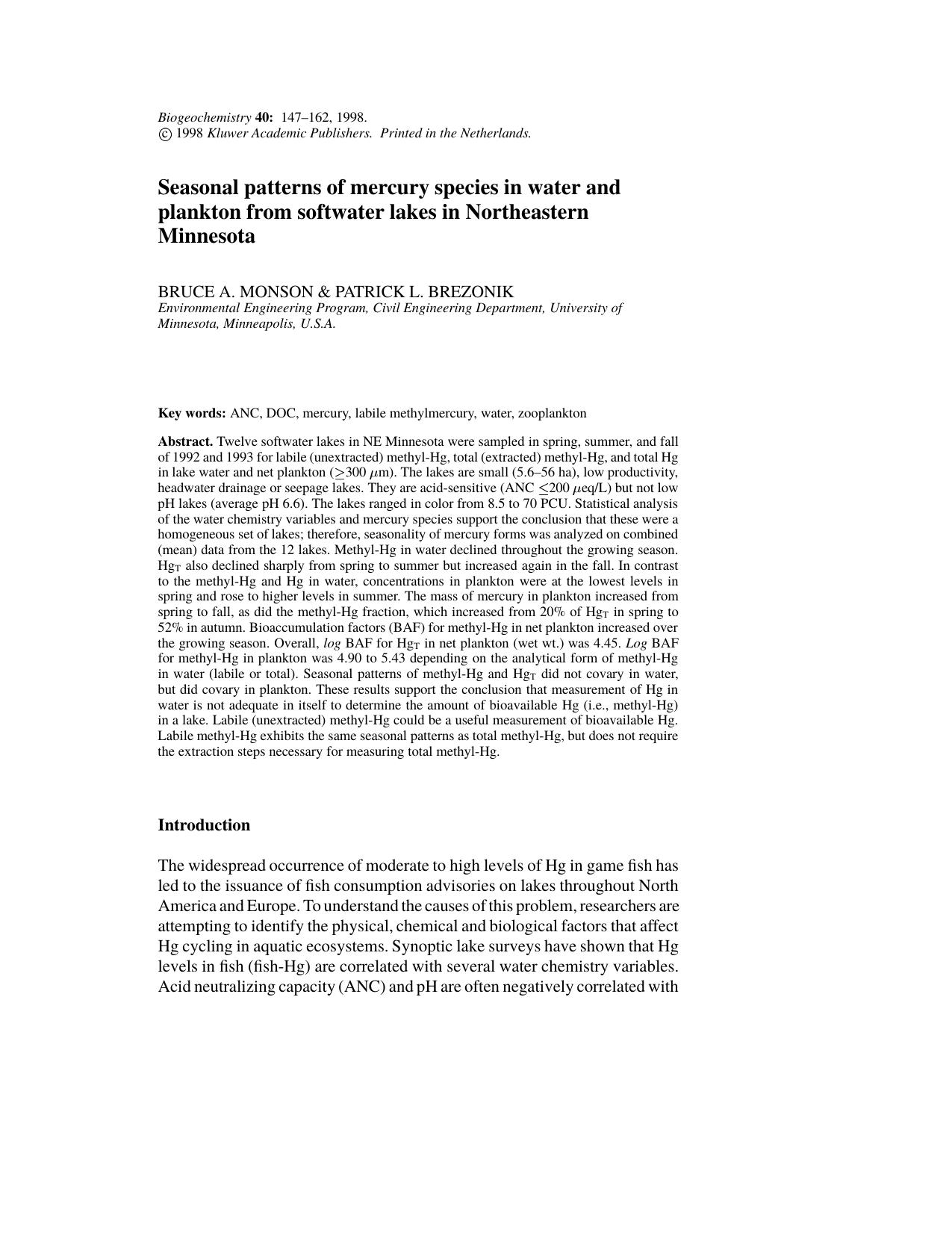 Seasonal patterns of mercury species in water and plankton from softwater lakes in Northeastern Minnesota by Unknown