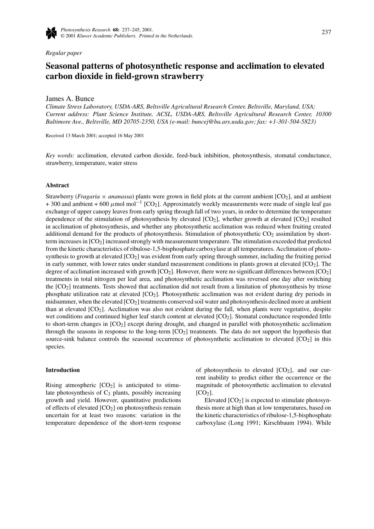Seasonal patterns of photosynthetic response and acclimation to elevated carbon dioxide in field-grown strawberry by Unknown