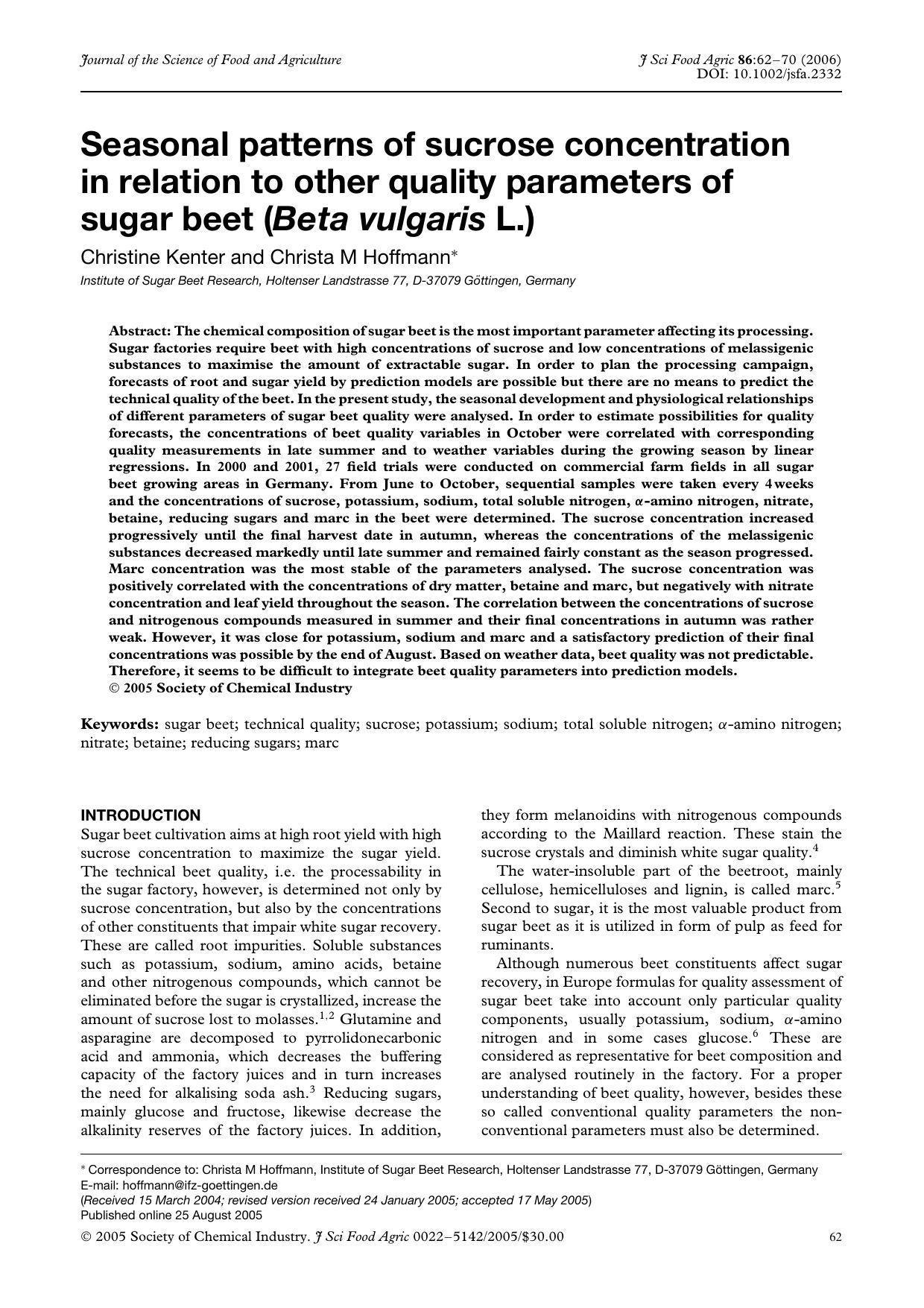 Seasonal patterns of sucrose concentration in relation to other quality parameters of sugar beet (Beta vulgaris L.) by Unknown