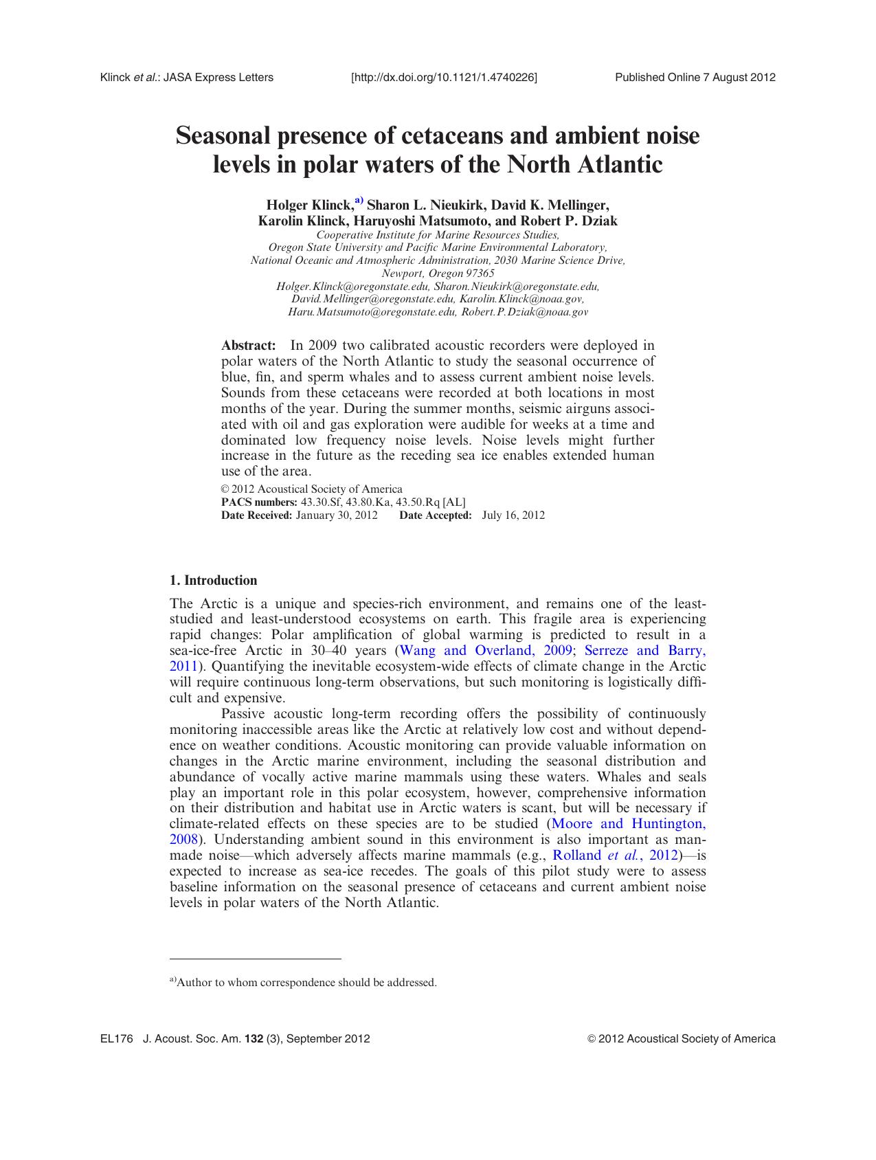 Seasonal presence of cetaceans and ambient noise levels in polar waters of the North Atlantic by unknow