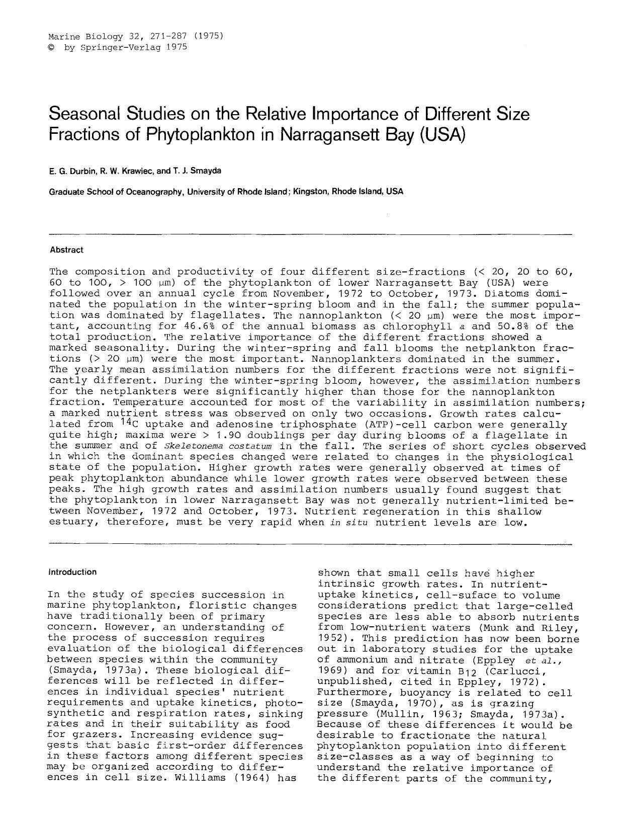 Seasonal studies on the relative importance of different size fractions of phytoplankton in Narragansett Bay (USA) by Unknown