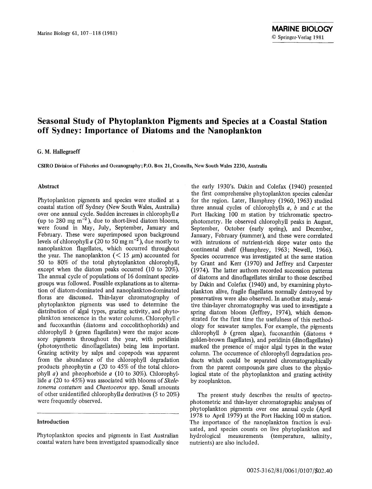 Seasonal study of phytoplankton pigments and species at a coastal station off Sydney: Importance of diatoms and the nanoplankton by Unknown