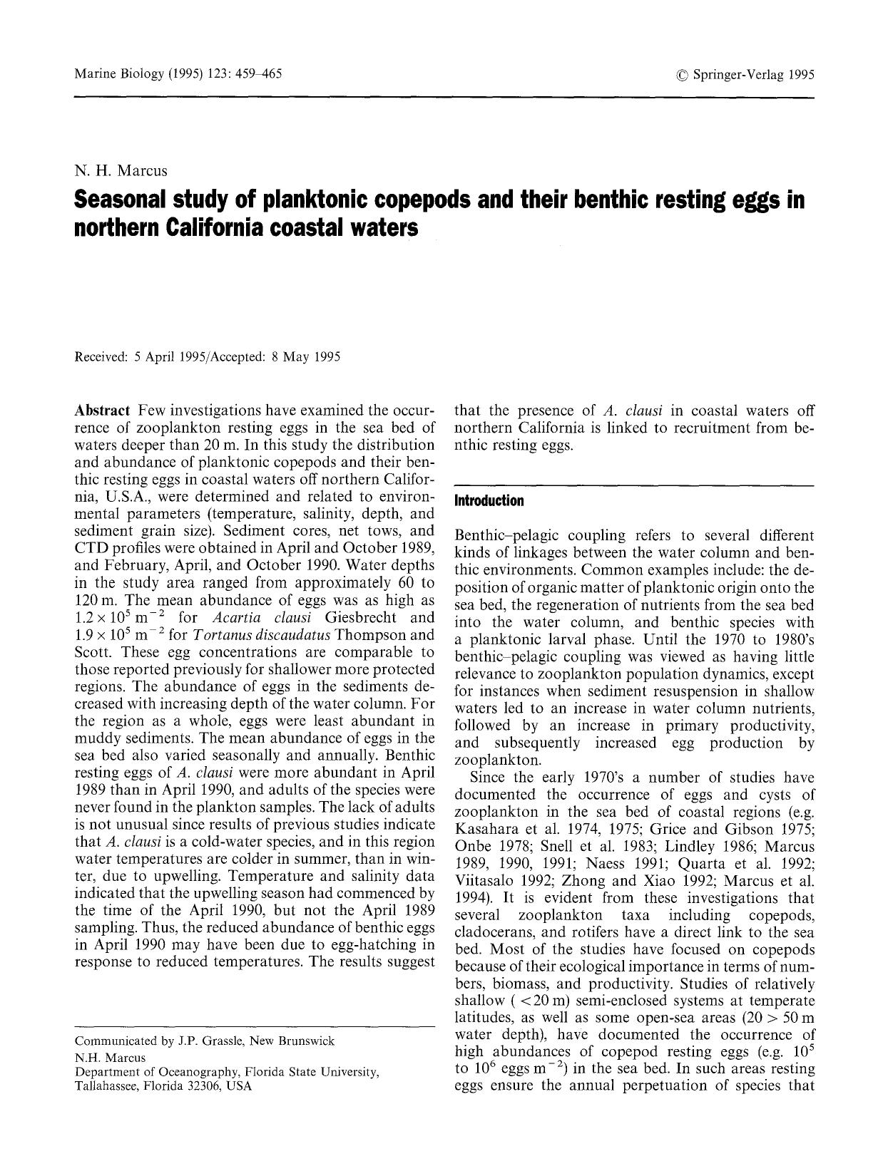 Seasonal study of planktonic copepods and their benthic resting eggs in northern California coastal waters by Unknown