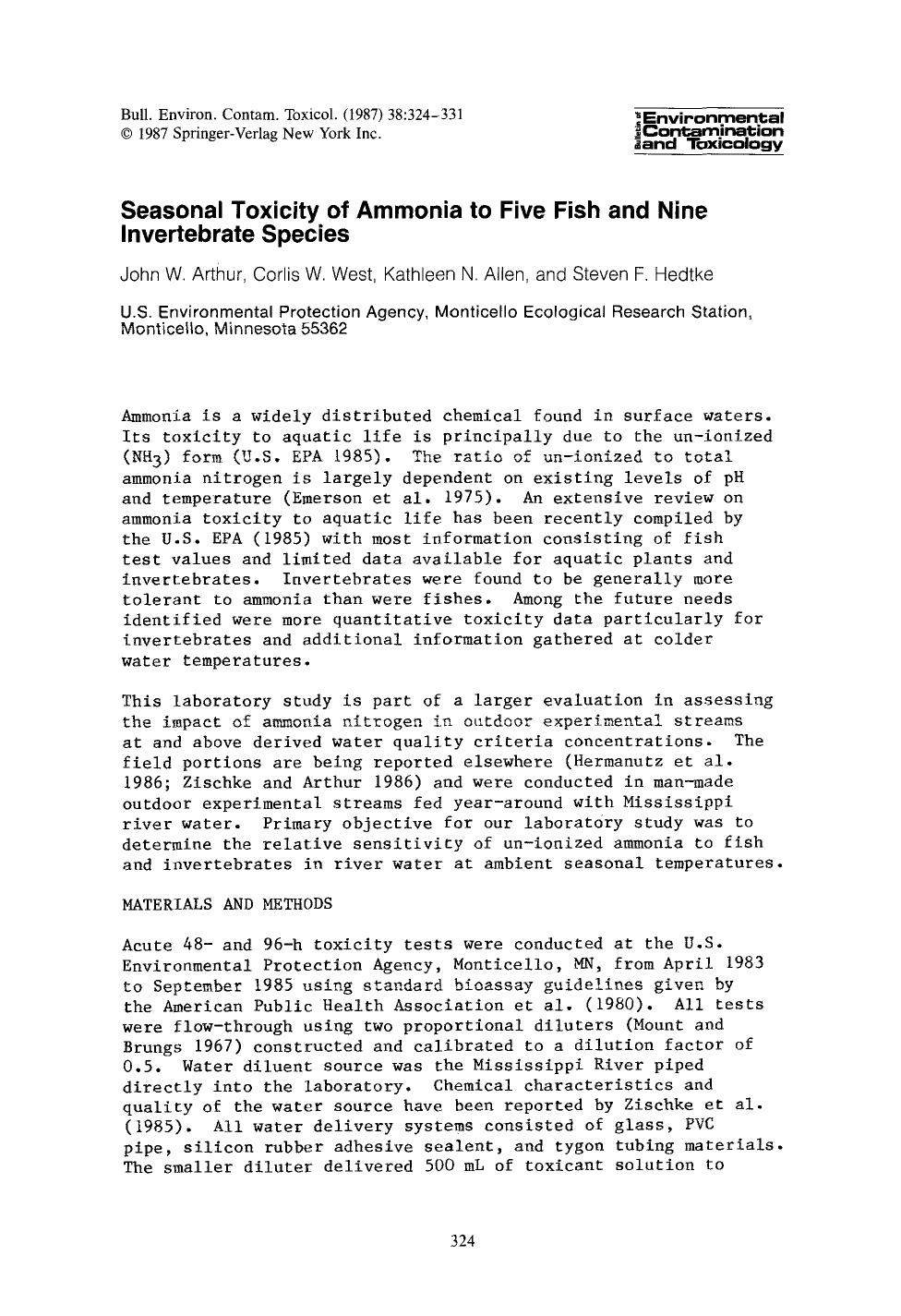 Seasonal toxicity of ammonia to five fish and nine invertebrate species by Unknown