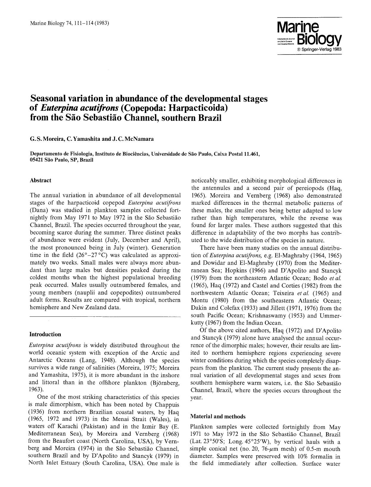 Seasonal variation in abundance of the developmental stages of <Emphasis Type="Italic">Euterpina acutifrons<Emphasis> (Copepoda: Harpacticoida) from the S&#x00E3;o Sebasti&#x00E3;o by Unknown