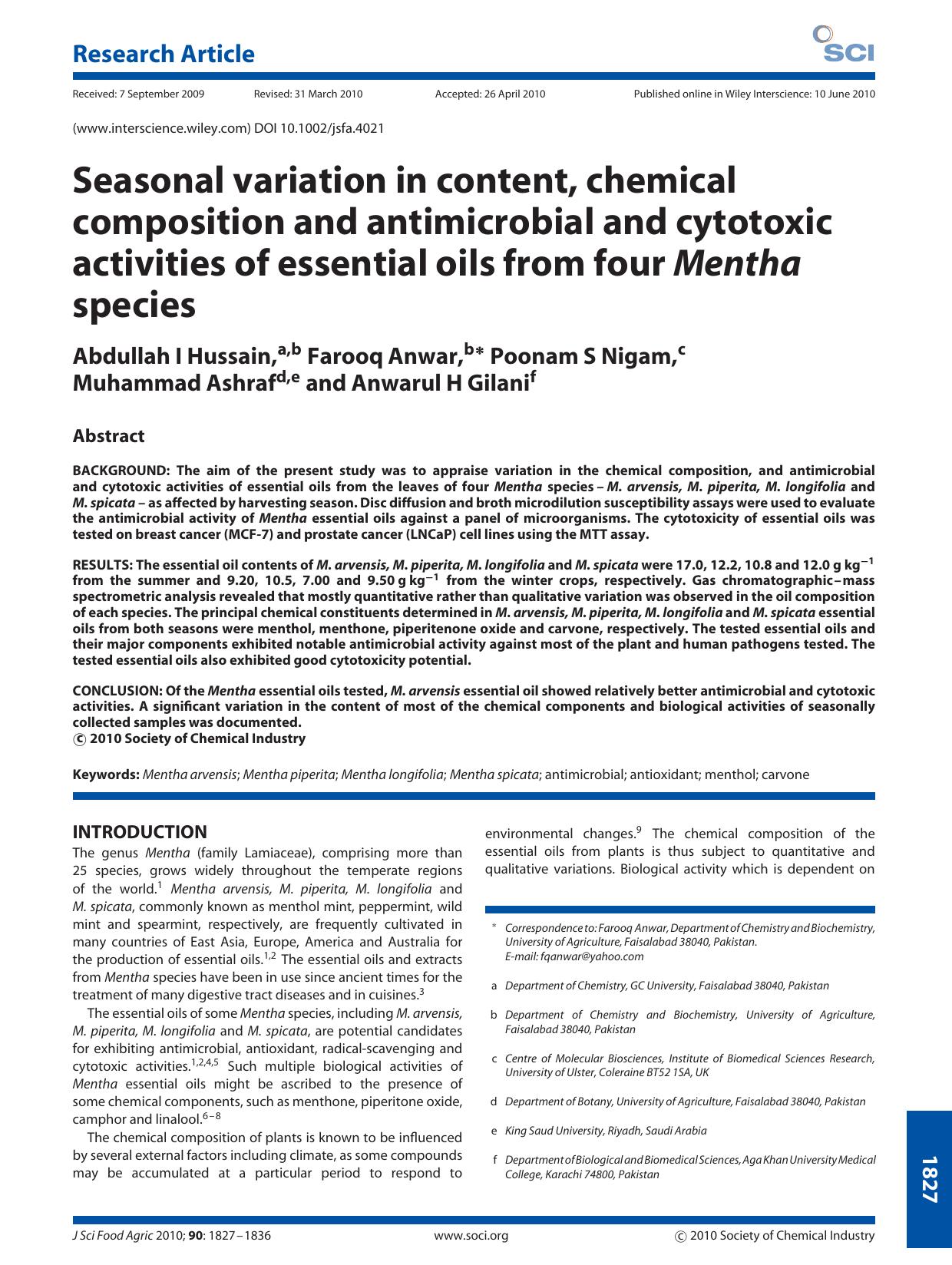 Seasonal variation in content, chemical composition and antimicrobial and cytotoxic activities of essential oils from four Mentha species by Unknown