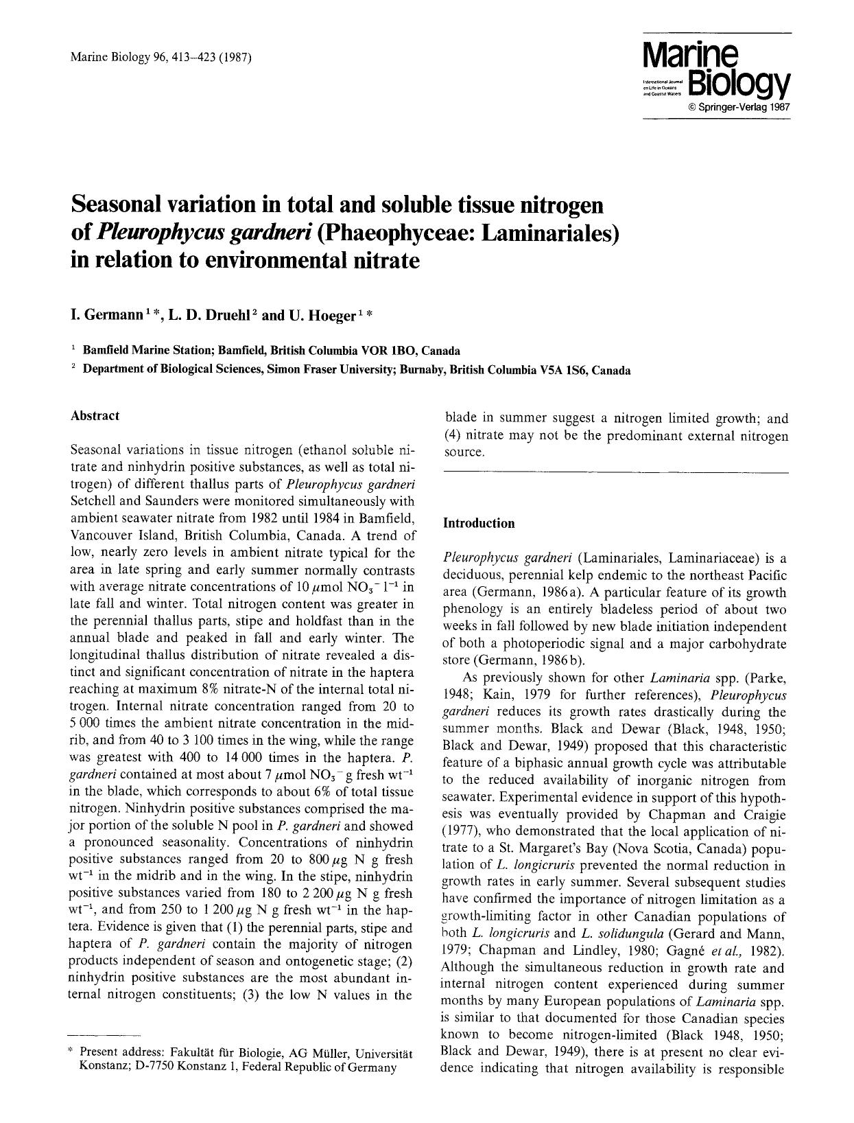 Seasonal variation in total and soluble tissue nitrogen of <Emphasis Type="Italic">Pleurophycus gardneri<Emphasis> (Phaeophyceae: Laminariales) in relation to environmental nitrate by Unknown