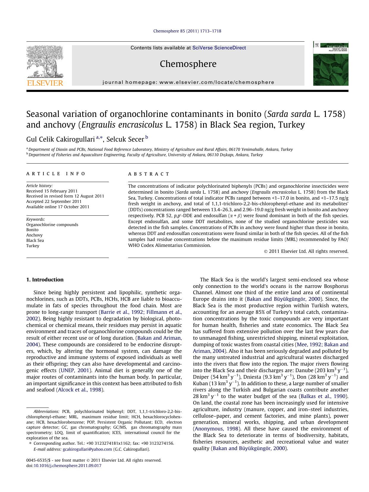 Seasonal variation of organochlorine contaminants in bonito (Sarda sarda L. 1758) and anchovy (Engraulis encrasicolus L. 1758) in Black Sea region, Turkey by Gul Celik Cakirogullari & Selcuk Secer