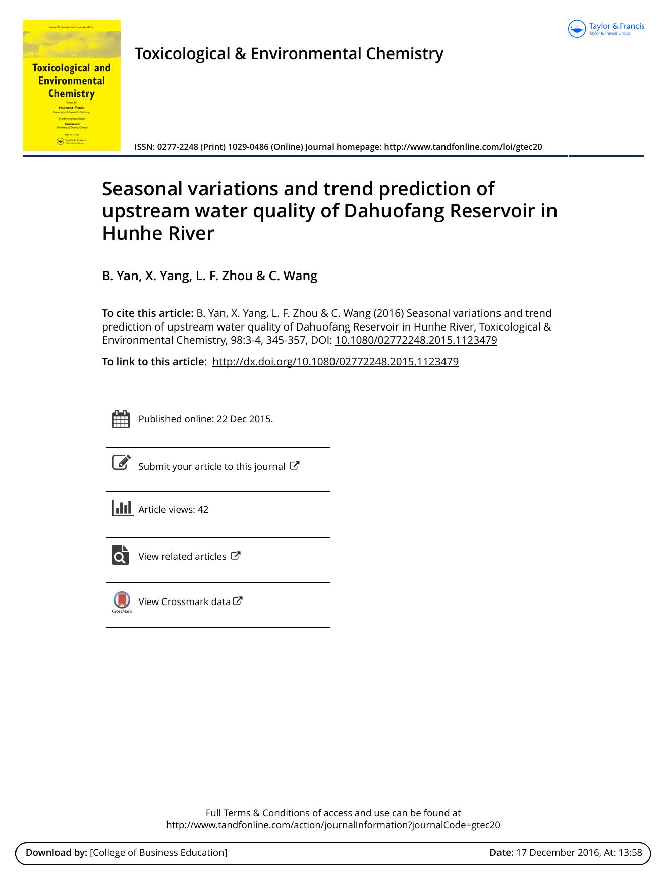 Seasonal variations and trend prediction of upstream water quality of Dahuofang Reservoir in Hunhe River by B. Yan & X. Yang & L. F. Zhou & C. Wang