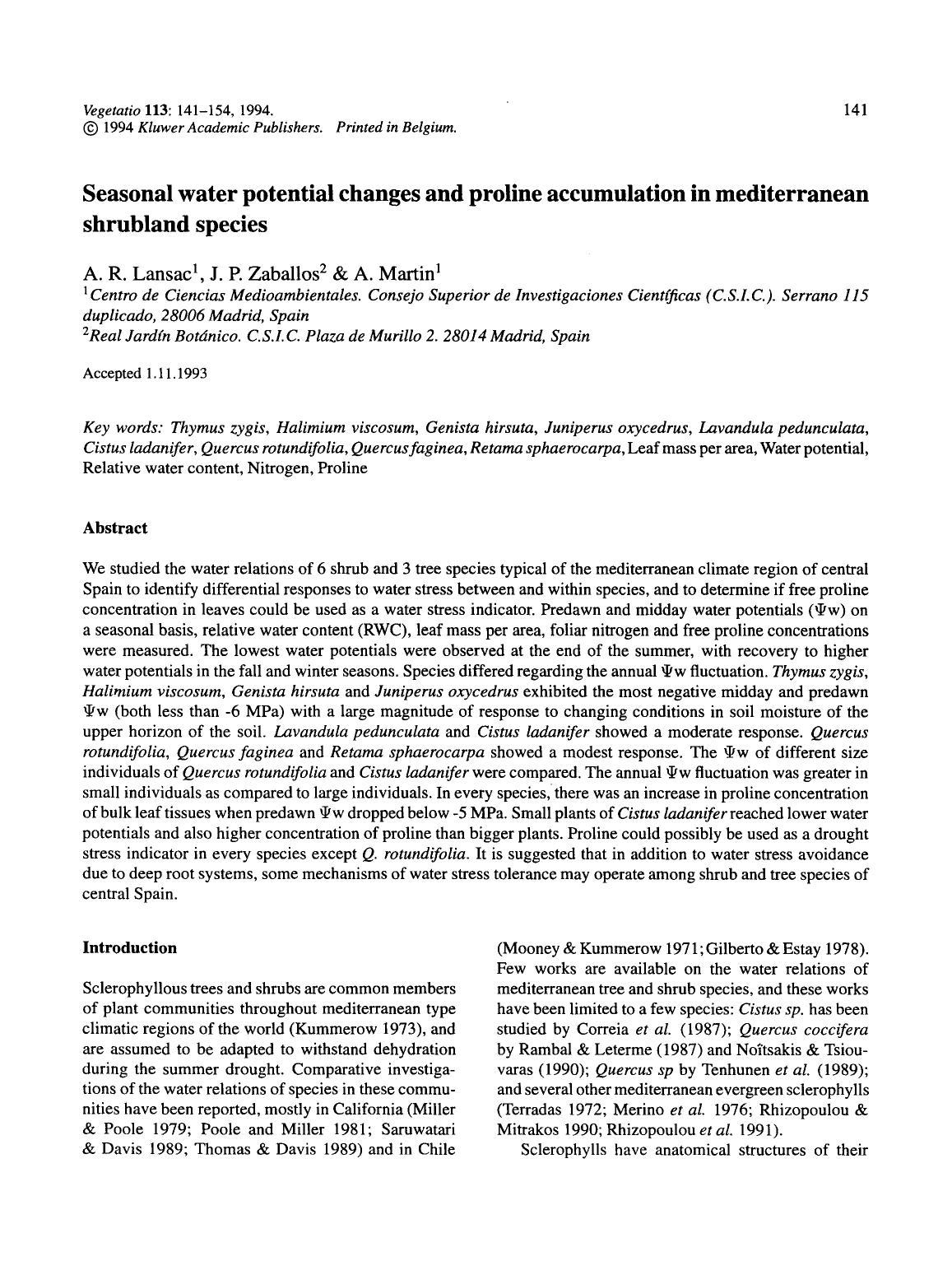 Seasonal water potential changes and proline accumulation in mediterranean shrubland species by Unknown