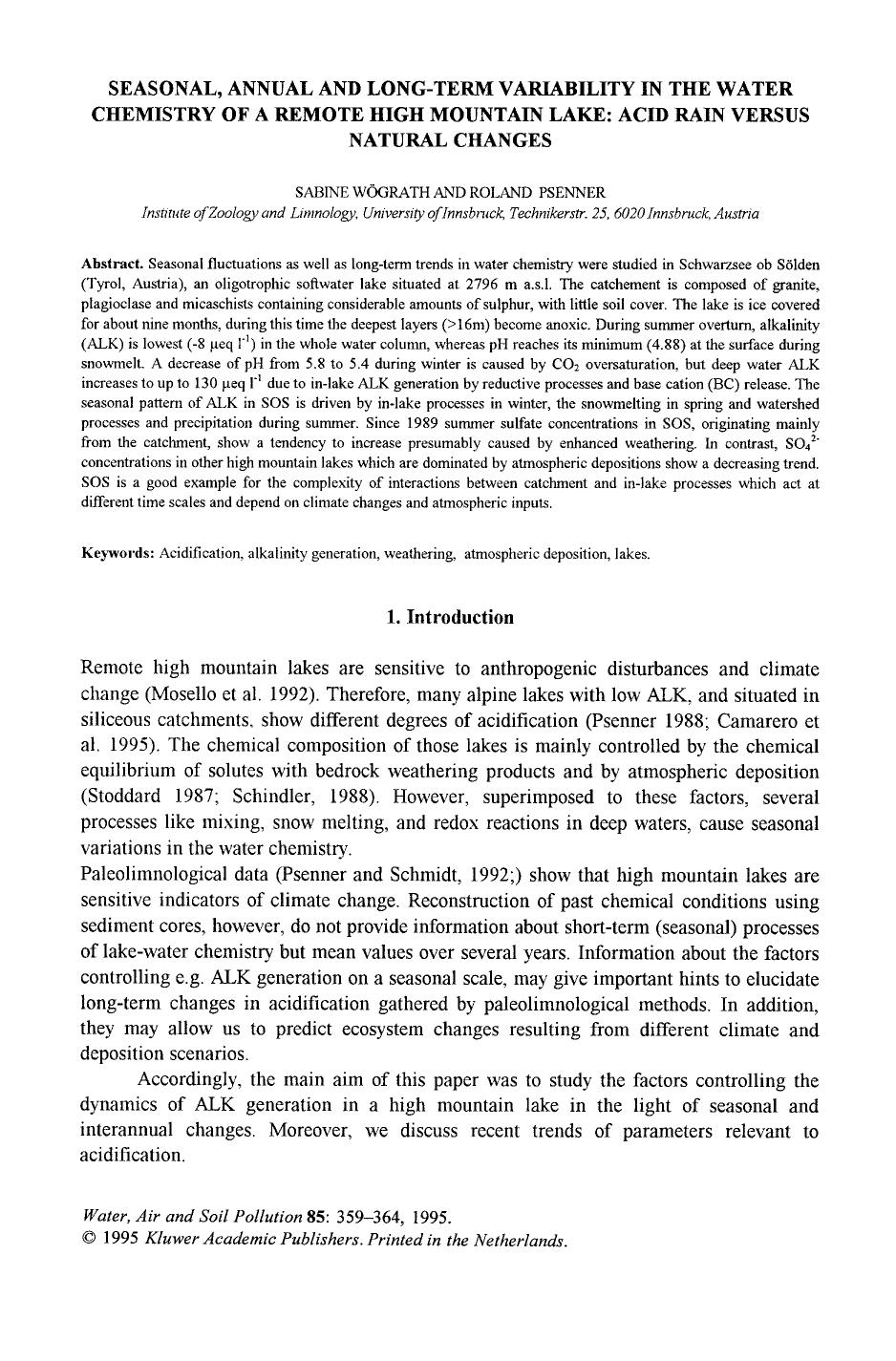 Seasonal, annual and long-term variability in the water chemistry of a remote high mountain lake: Acid rain versus natural changes by Unknown