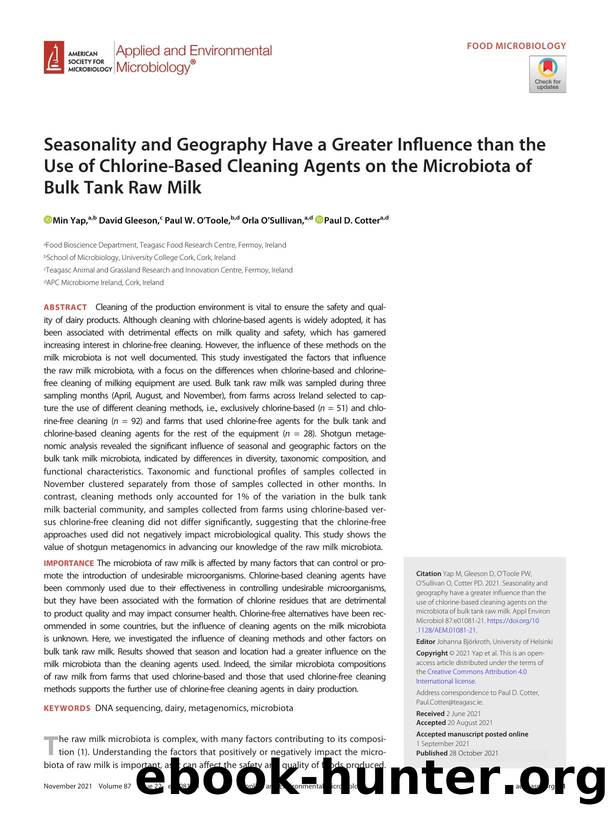 Seasonality and Geography Have a Greater Influence than the Use of Chlorine-Based Cleaning Agents on the Microbiota of Bulk Tank Raw Milk by Min Yap & David Gleeson & Paul W. O’Toole & Orla O’Sullivan & Paul D. Cotter