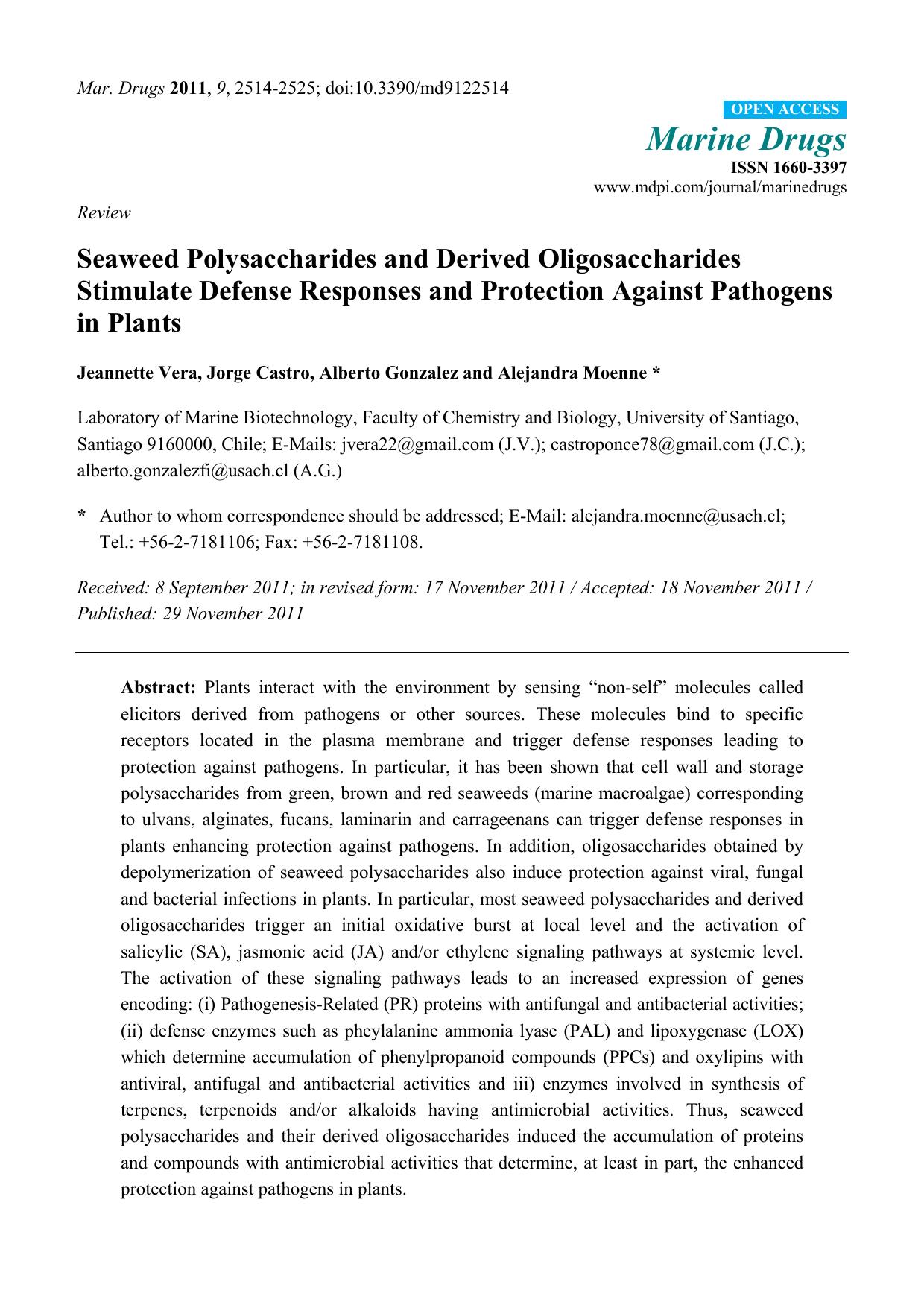 Seaweed Polysaccharides and Derived Oligosaccharides Stimulate Defense Responses and Protection Against Pathogens in Plants by Jeannette Vera & Jorge Castro & Alberto Gonzalez & Alejandra Moenne