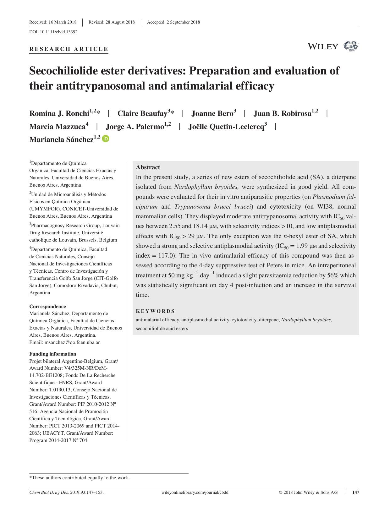 Secochiliolide ester derivatives: Preparation and evaluation of their antitrypanosomal and antimalarial efficacy by unknow