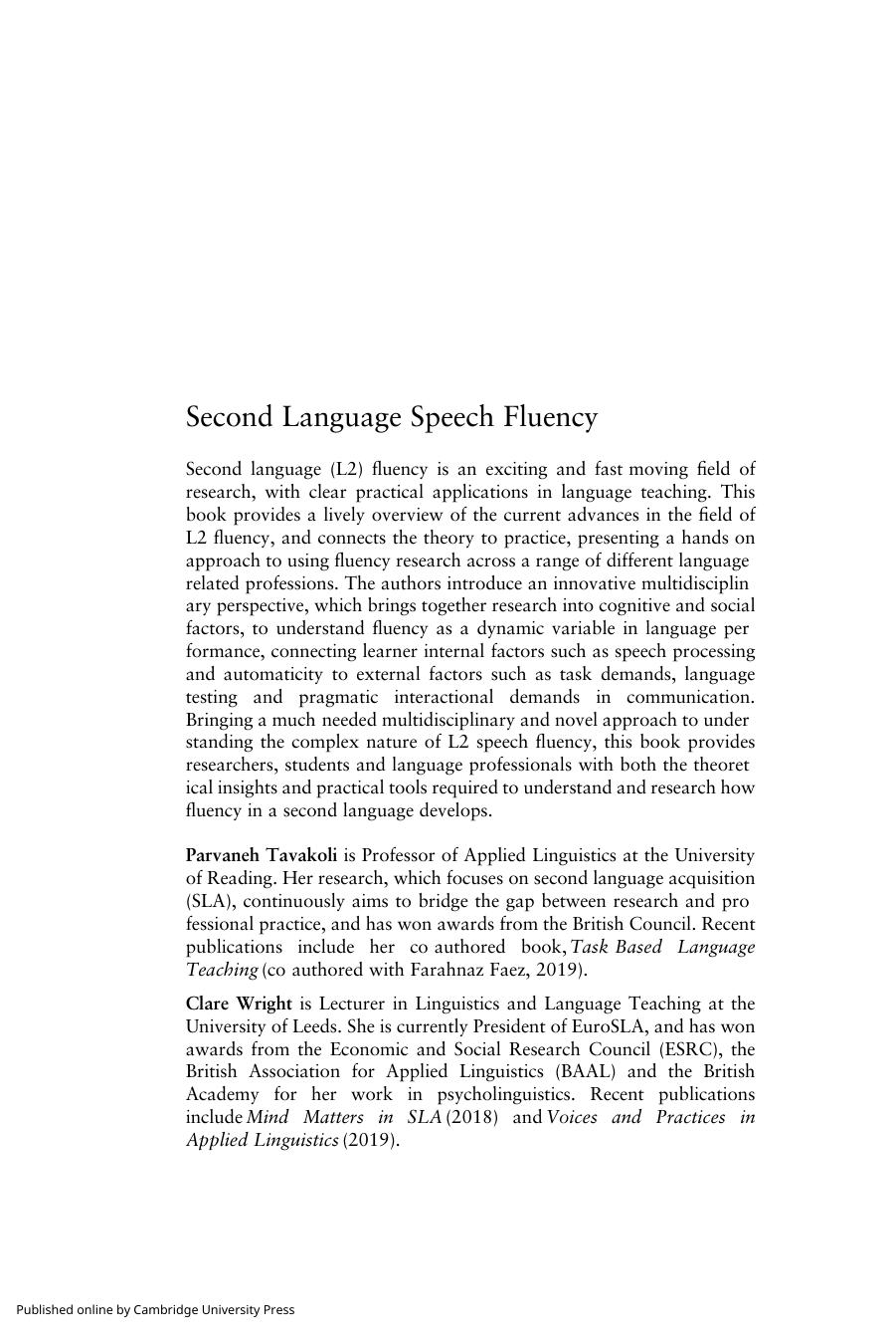 Second Language Speech Fluency: From Research to Practice by Parvaneh Tavakoli Clare Wright