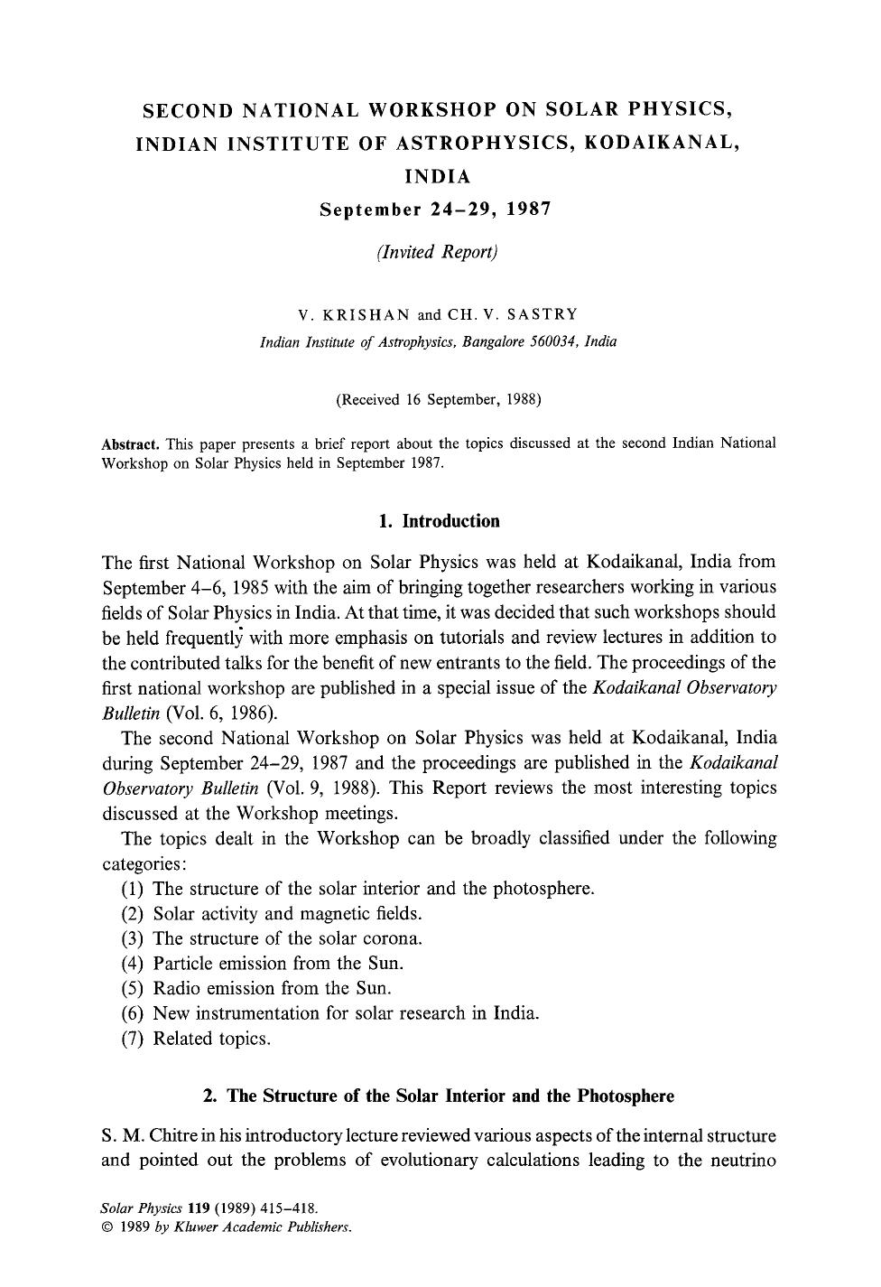 Second National Workshop on Solar Physics, Indian Institute of Astrophysics, Kodaikanal, India by Unknown