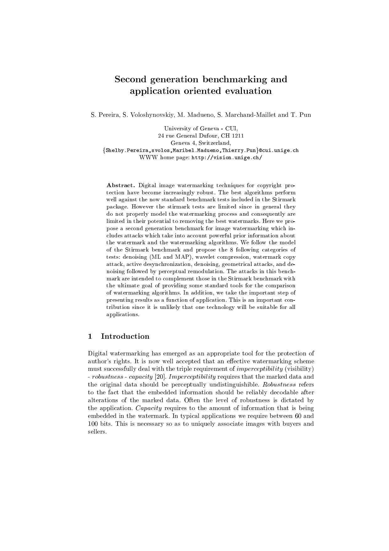 Second generation benchmarking and application oriented evaluation by Pereira Voloshynovskiy Madueno Marchand Maillet Pun