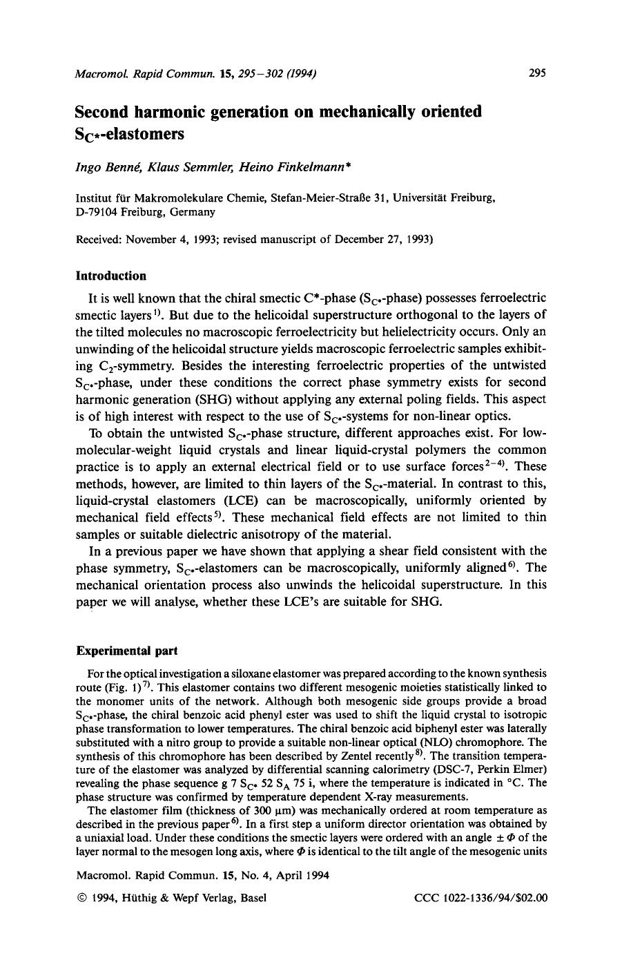 Second harmonic generation on mechanically oriented SC[ast]-elastomers by Unknown