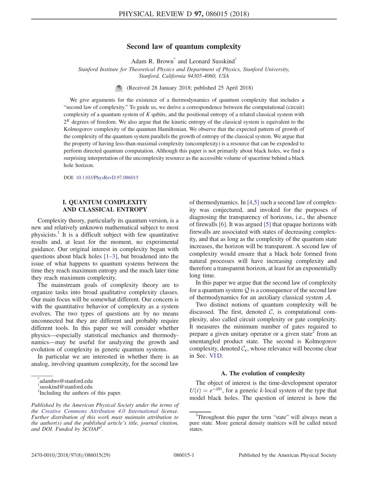 Second law of quantum complexity by Adam R. Brown & Leonard Susskind