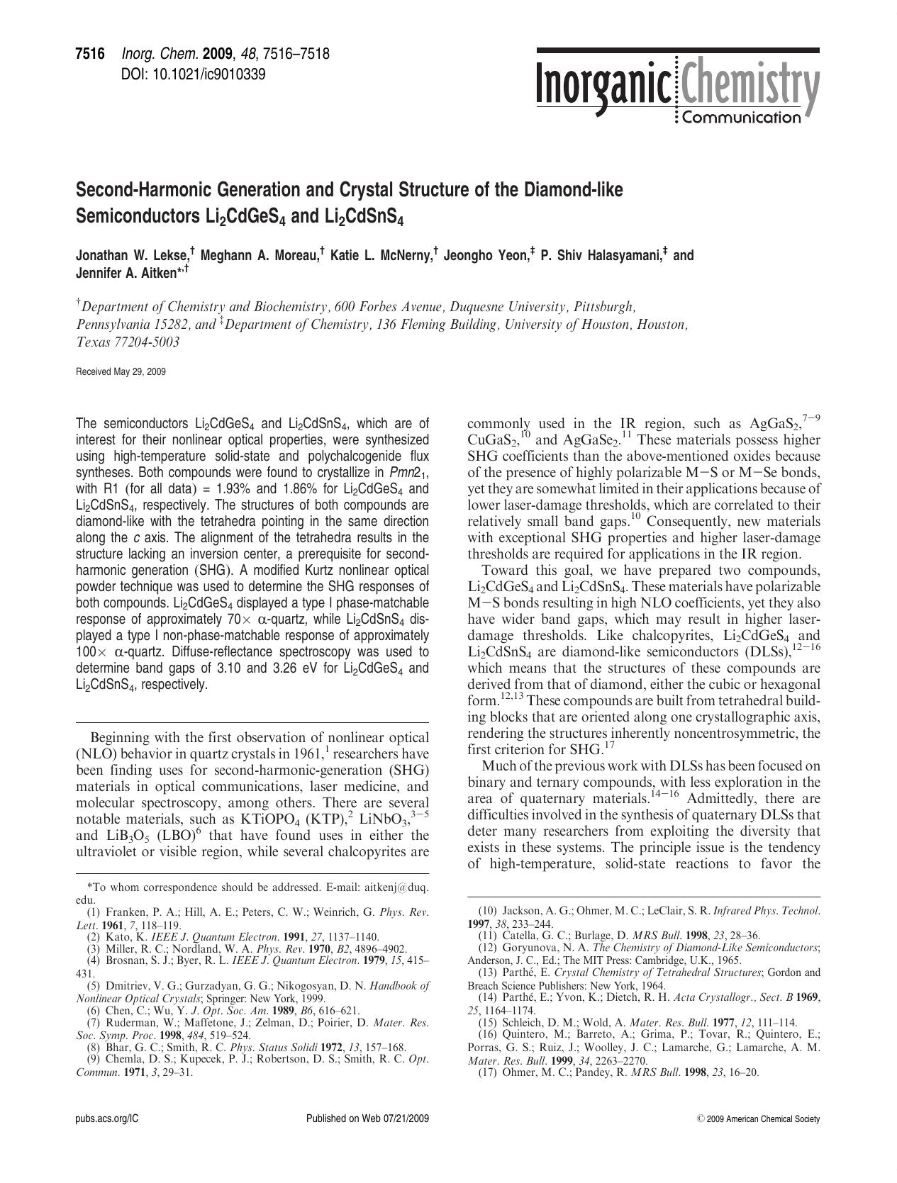 Second-Harmonic Generation and Crystal Structure of the Diamond-like Semiconductors Li2CdGeS4 and Li2CdSnS4 by unknow
