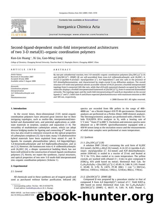 Second-ligand-dependent multi-fold interpenetrated architectures of two 3-D metal(II)âorganic coordination polymers by Kun-Lin Huang; Xi Liu; Guo-Ming Liang