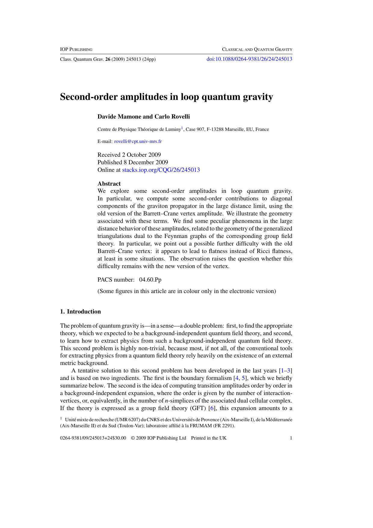 Second-order amplitudes in loop quantum gravity by D Mamone and C Rovelli