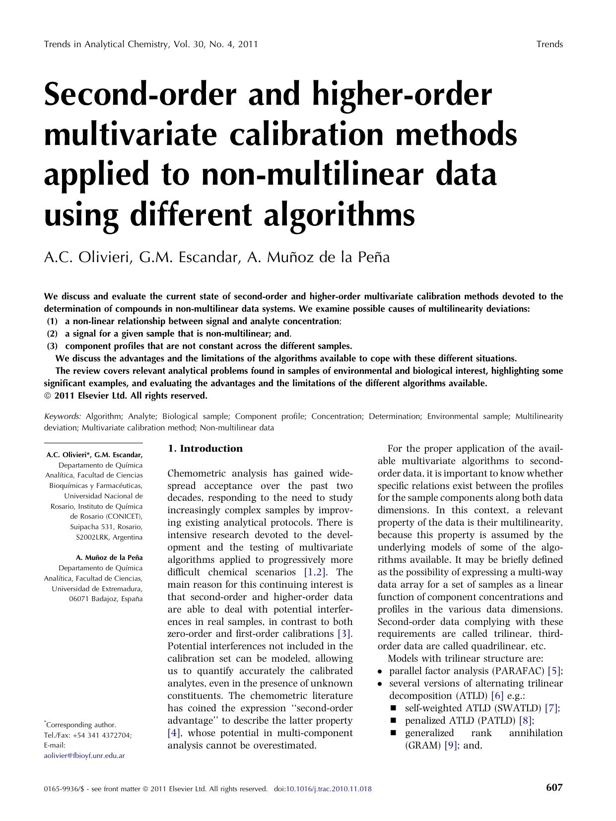 Second-order and higher-order multivariate calibration methods applied to non-multilinear data using different algorithms by A.C. Olivieri & G.M. Escandar & A. Muñoz de la Peña