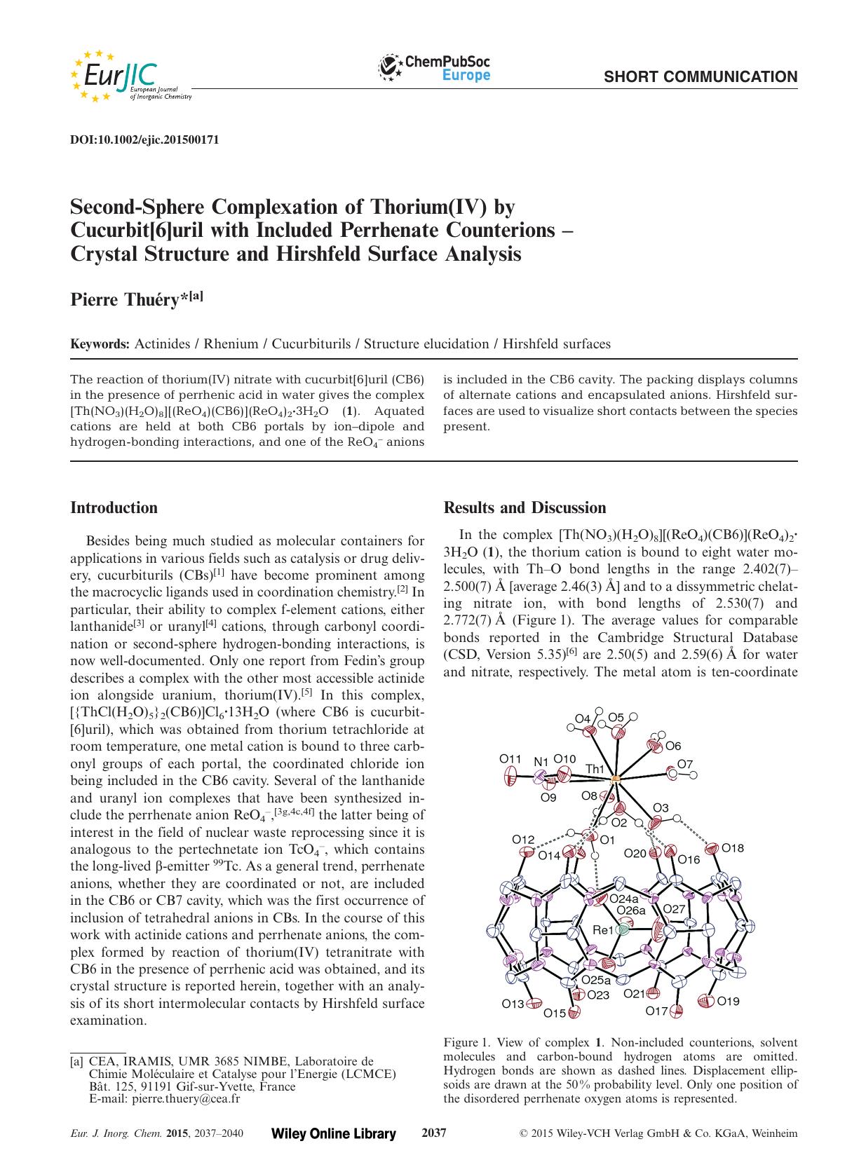 SecondSphere Complexation of Thorium(IV) by Cucurbit[6]uril with Included Perrhenate Counterions Crystal Structure and Hirshfeld Surface Analysis by Unknown